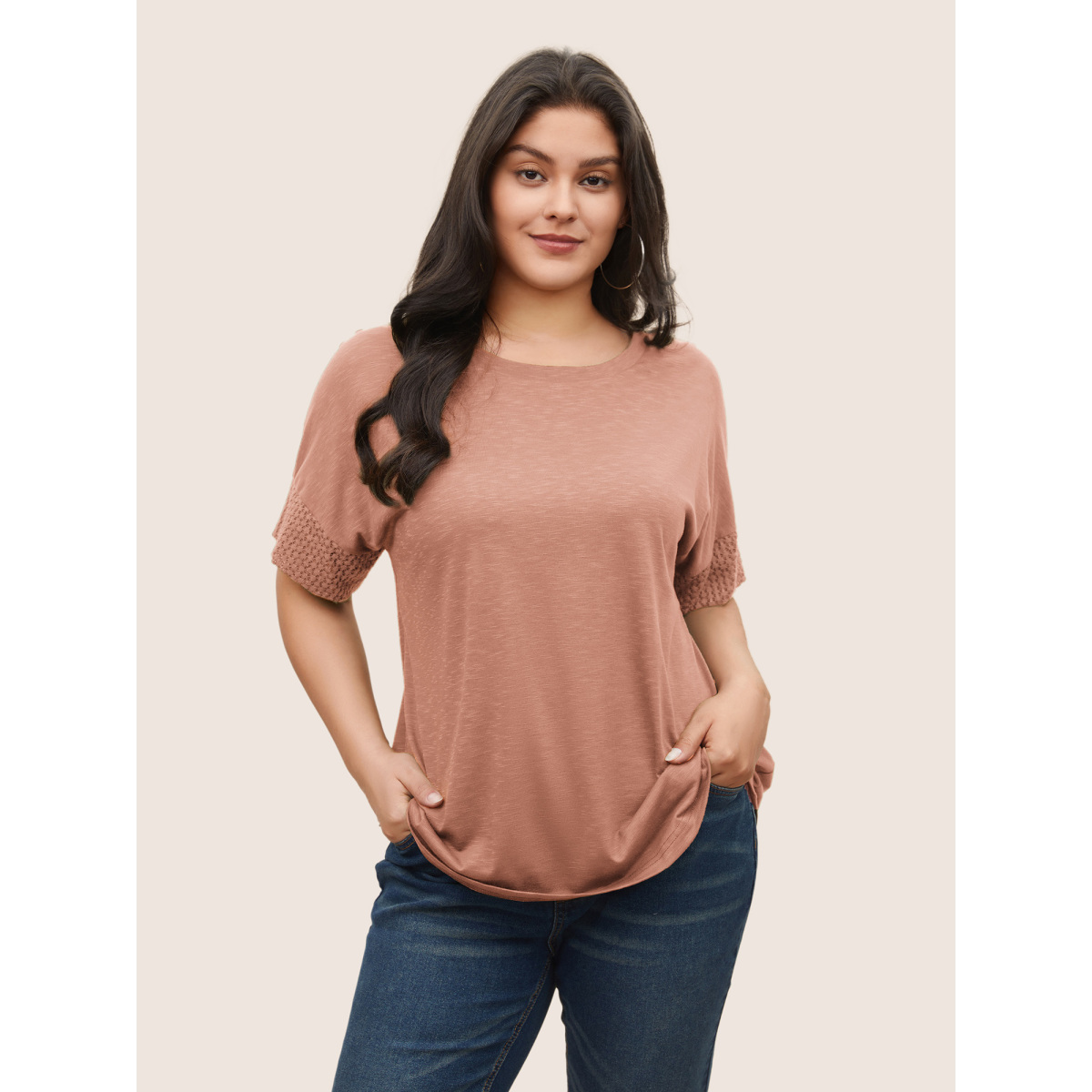 

Plus Size Solid Lace Insert Batwing Sleeve T-shirt Nudepink Women Casual Texture Plain Round Neck Everyday T-shirts BloomChic
