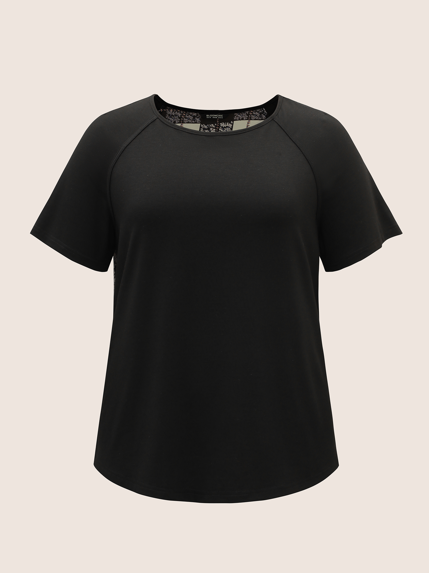 

Plus Size Solid Round Neck Raglan sleeve T-shirt Black Women Casual Patchwork Art&design Round Neck Everyday T-shirts BloomChic