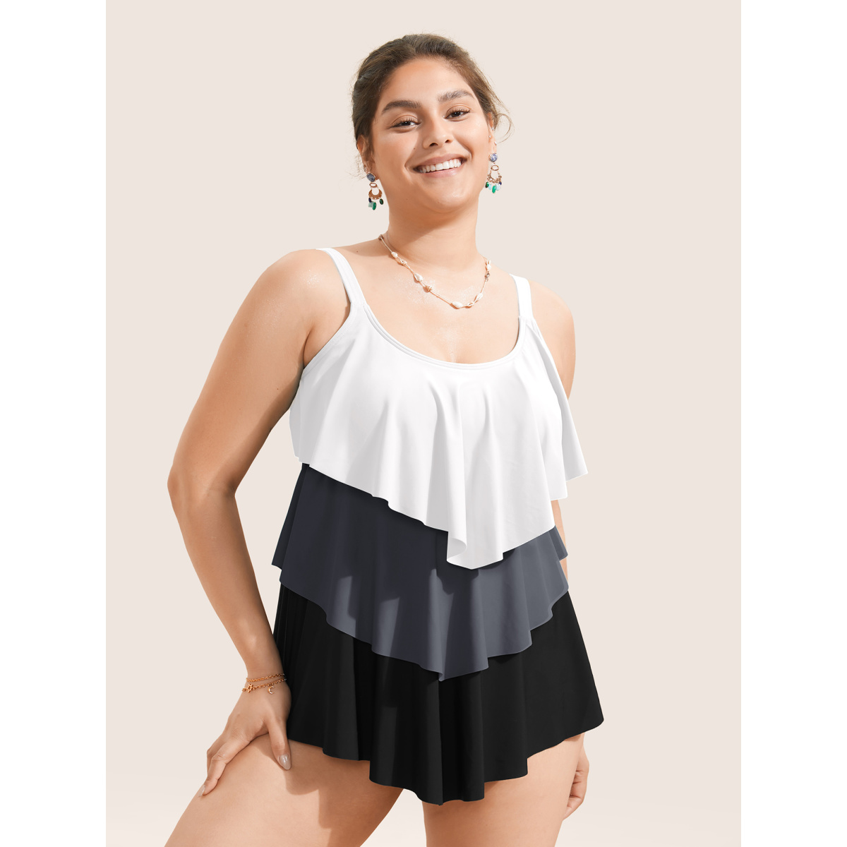 

Plus Size Colorblock Contrast Ruffle Layered Hem Tankini Top Women's Swimwear DimGray Beach Non High stretch Bodycon U-neck Curve Swim Tops BloomChic