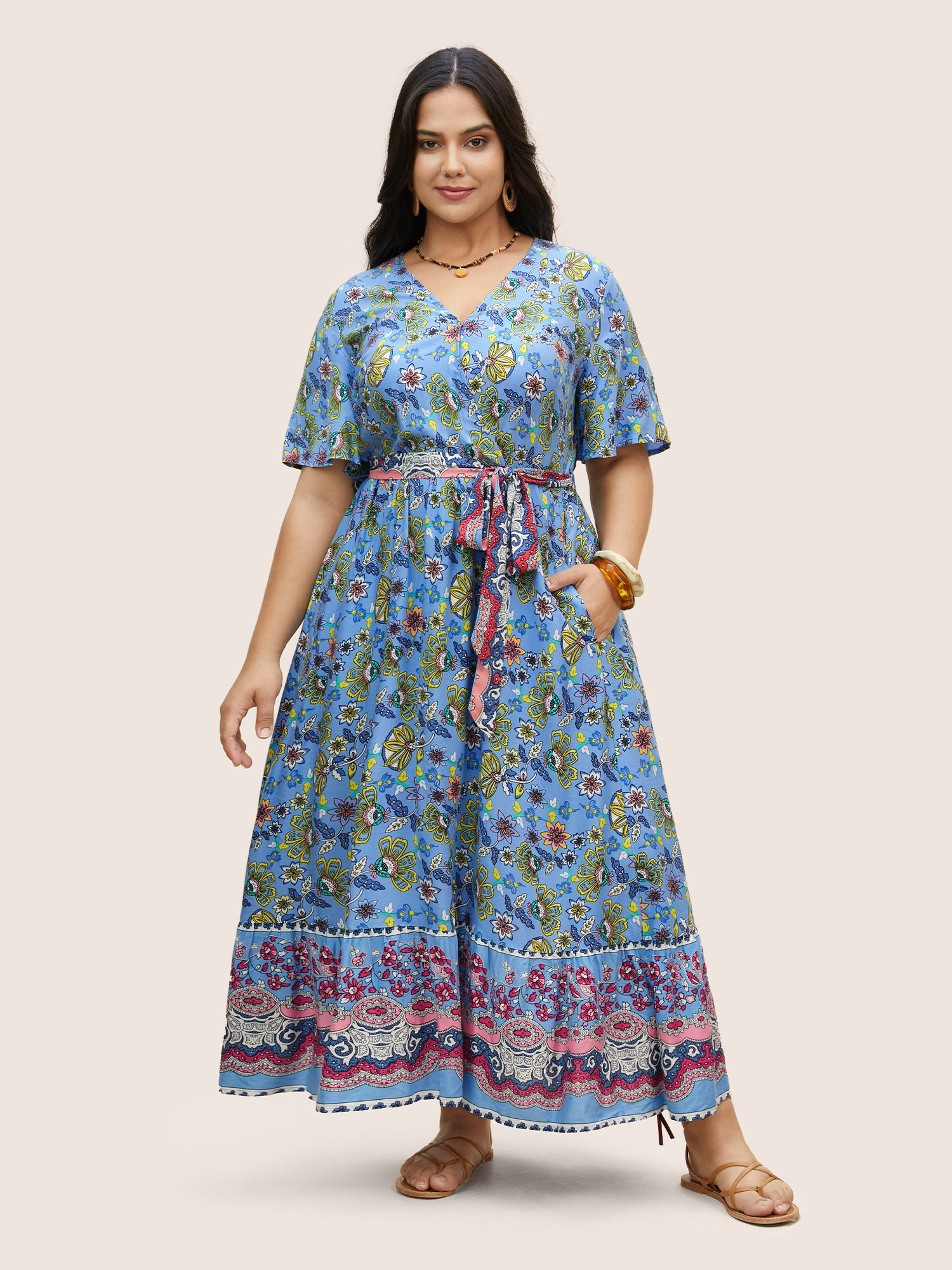 

Plus Size Rayon Boho Print Overlap Collar Dress Mediumblue Women Belted Overlap Collar Short sleeve Curvy BloomChic