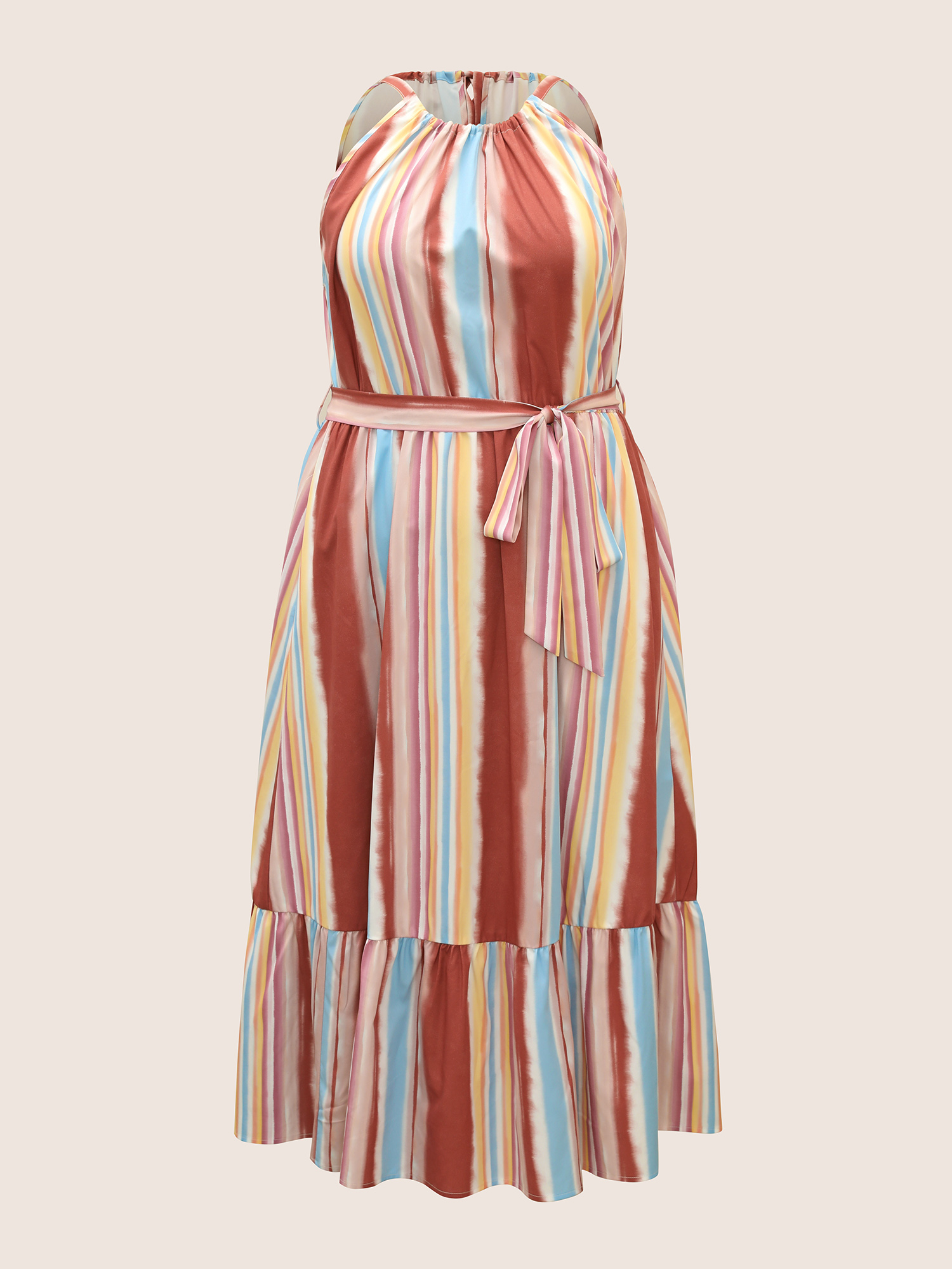 

Plus Size Colored Striped Ruffle Layered Hem Dress Multicolor Women Tiered Halter neck Sleeveless Curvy BloomChic