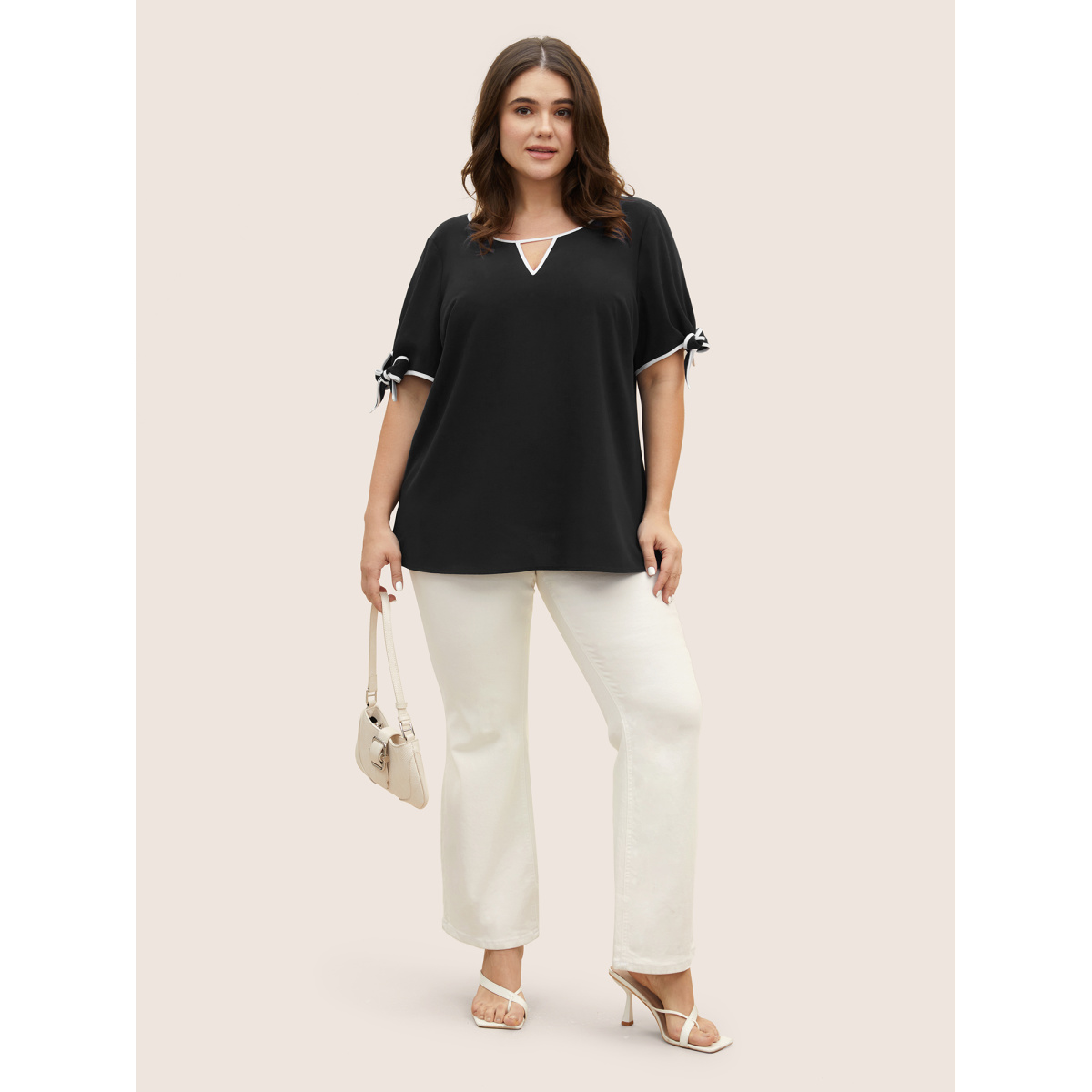 

Plus Size Black Contrast Trim Keyhole Tie Knot Blouse Women Work From Home Short sleeve Notched collar Work Blouses BloomChic