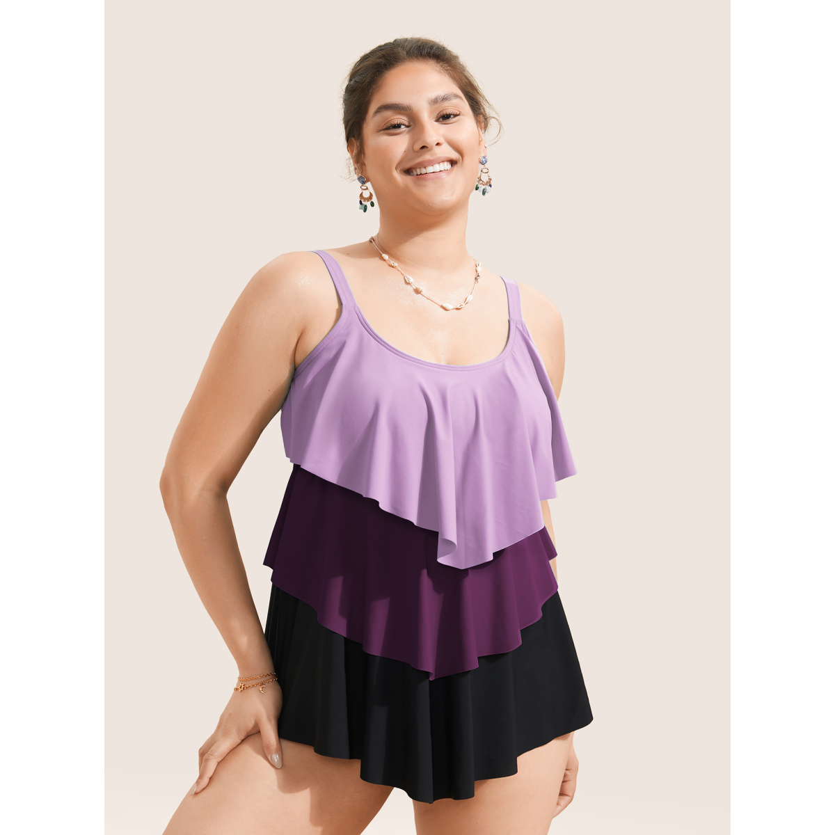 

Plus Size Colorblock Contrast Ruffle Layered Hem Tankini Top Women's Swimwear Lilac Beach Non High stretch Bodycon U-neck Curve Swim Tops BloomChic