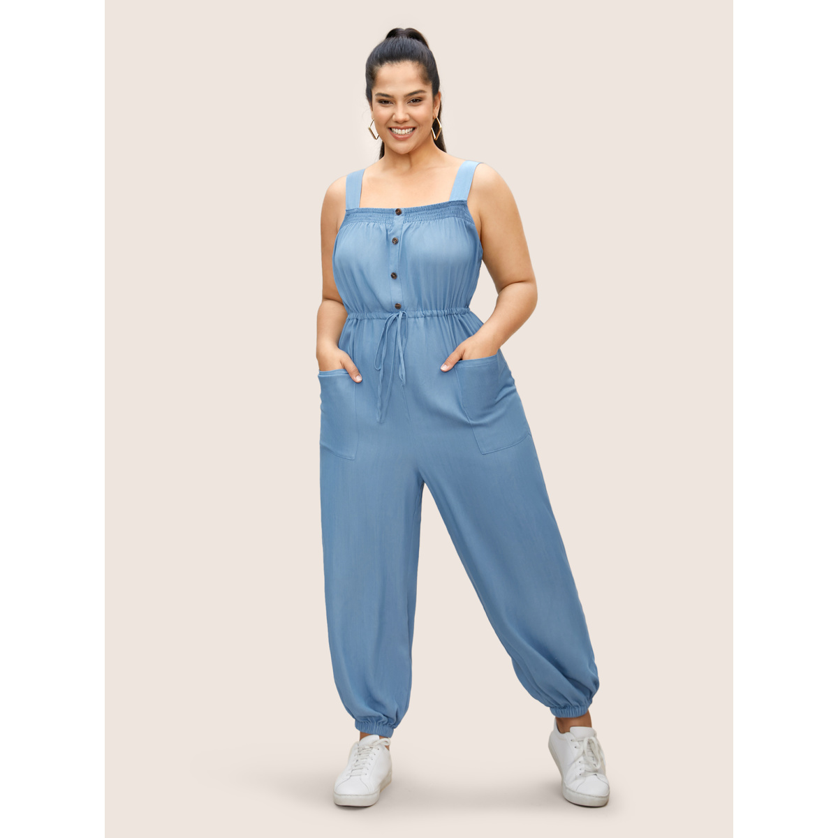 

Plus Size Denimblue Solid Shirred Button Detail Drawstring Jumpsuit Women Casual Sleeveless Square Neck Everyday Loose Jumpsuits BloomChic
