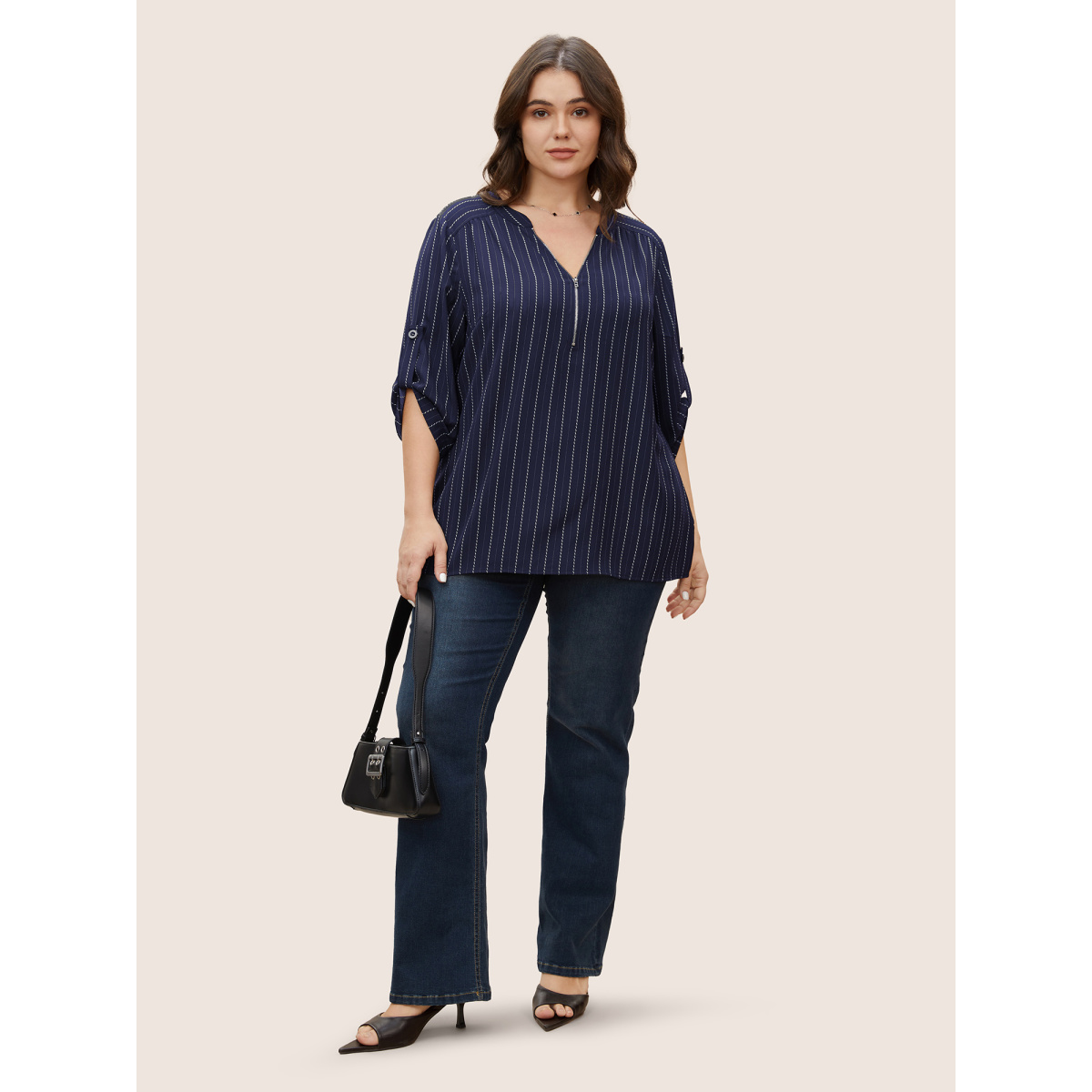 

Plus Size Indigo Striped Half Zip Tab Sleeve Blouse Women Work From Home Elbow-length sleeve Flat collar Work Blouses BloomChic