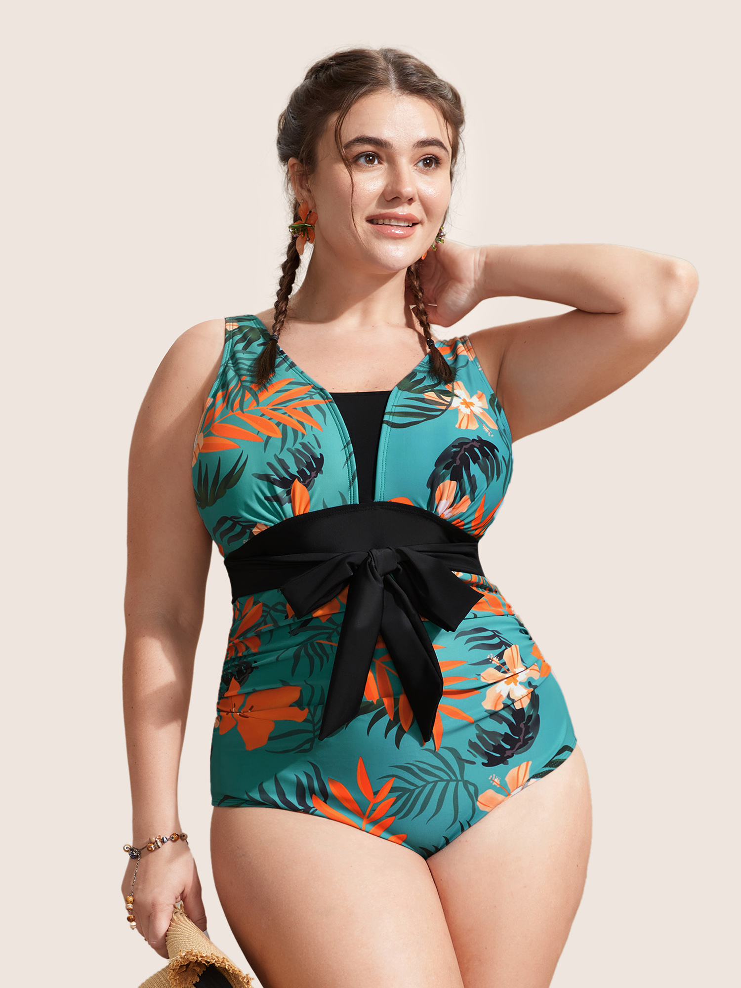 

Plus Size Tropical Print Tie Knot One Piece Swimsuit Women's Swimwear Emerald Beach Tie knot Curve Bathing Suits High stretch One Pieces BloomChic
