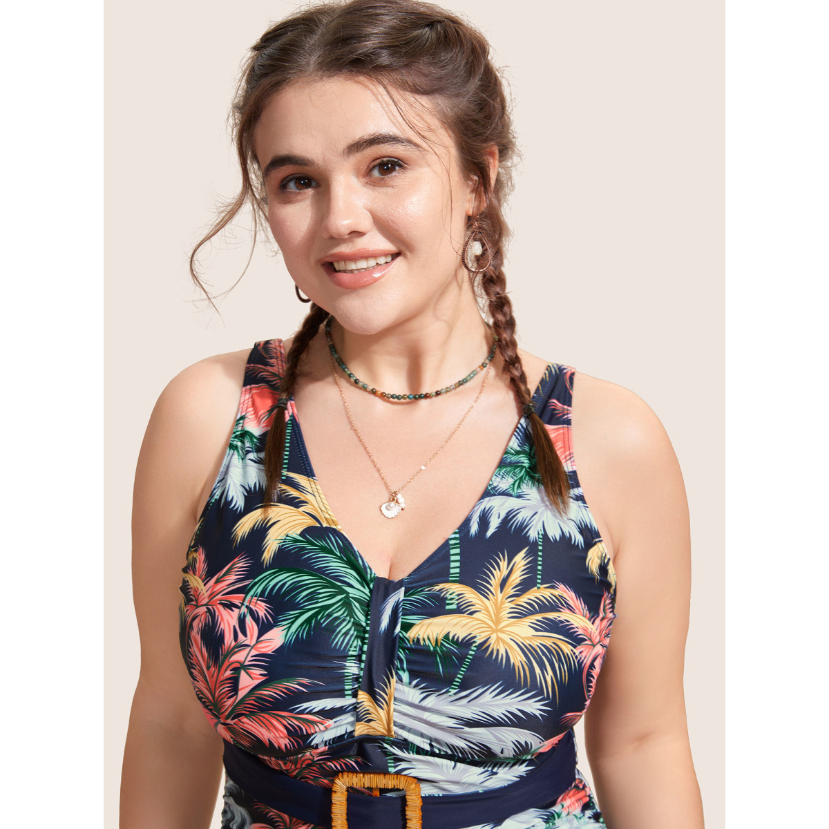 

Plus Size Tropical Print Gathered Belted One Piece Swimsuit Women's Swimwear Midnight Beach Gathered Curve Bathing Suits High stretch One Pieces BloomChic
