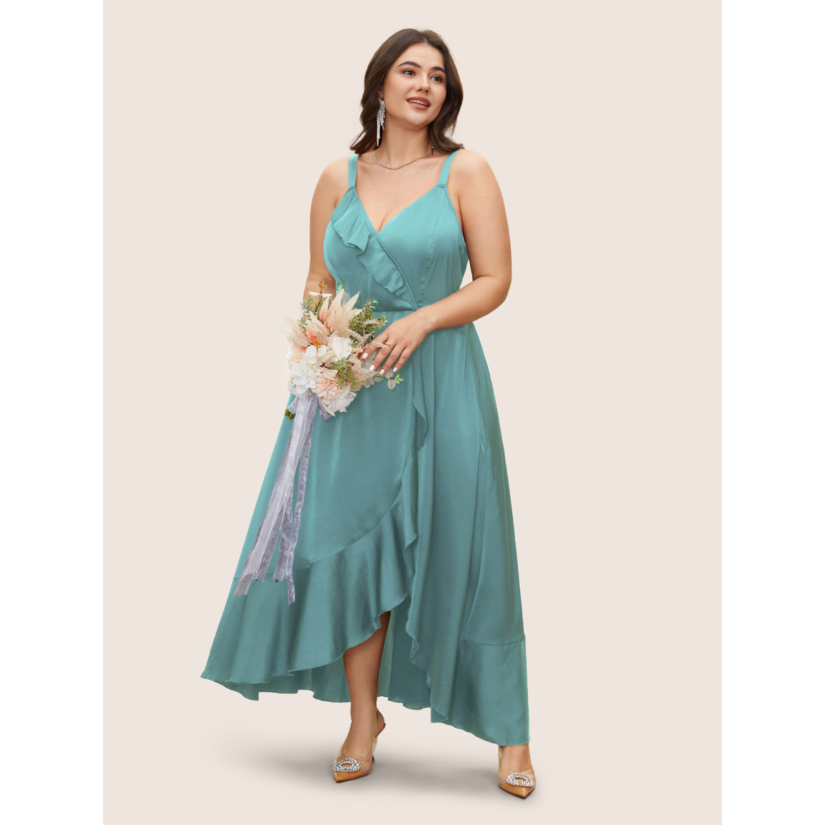 

Plus Size Satin Overlap Collar Ruffles Cami Dress Cerulean Women Ruffles V-neck Sleeveless Curvy BloomChic