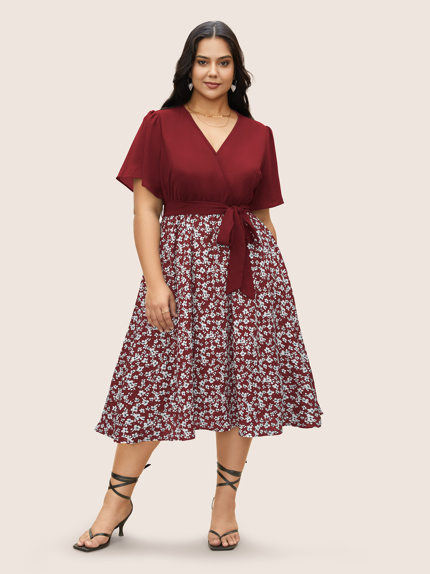 

Plus Size Ditsy Floral Patchwork Ruffle Sleeve Belted Dress Burgundy Women Overlapping V-neck Short sleeve Curvy BloomChic