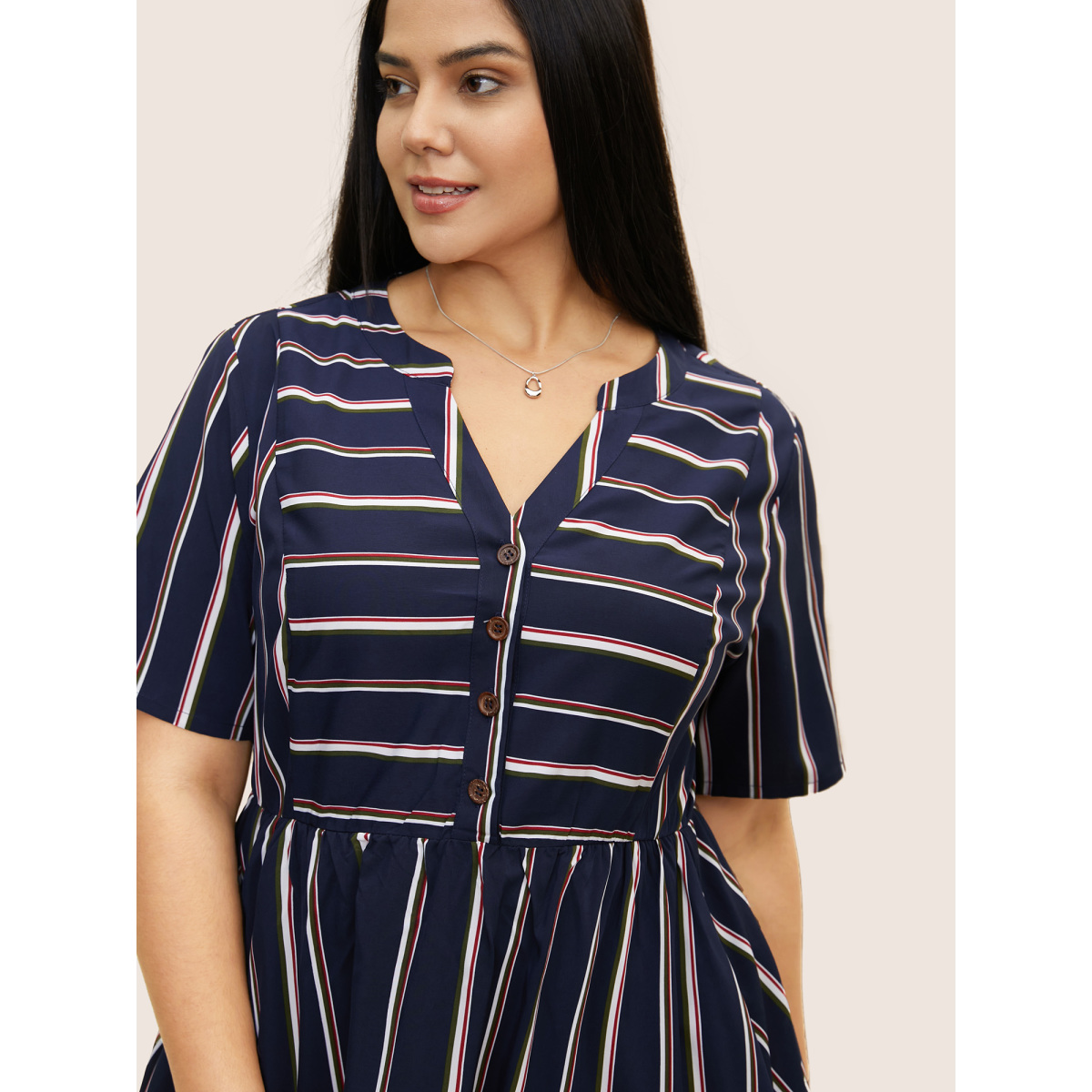 

Plus Size Notched Collar Striped Elastic Waist Midi Dress DarkBlue Women Button Notched collar Short sleeve Curvy BloomChic