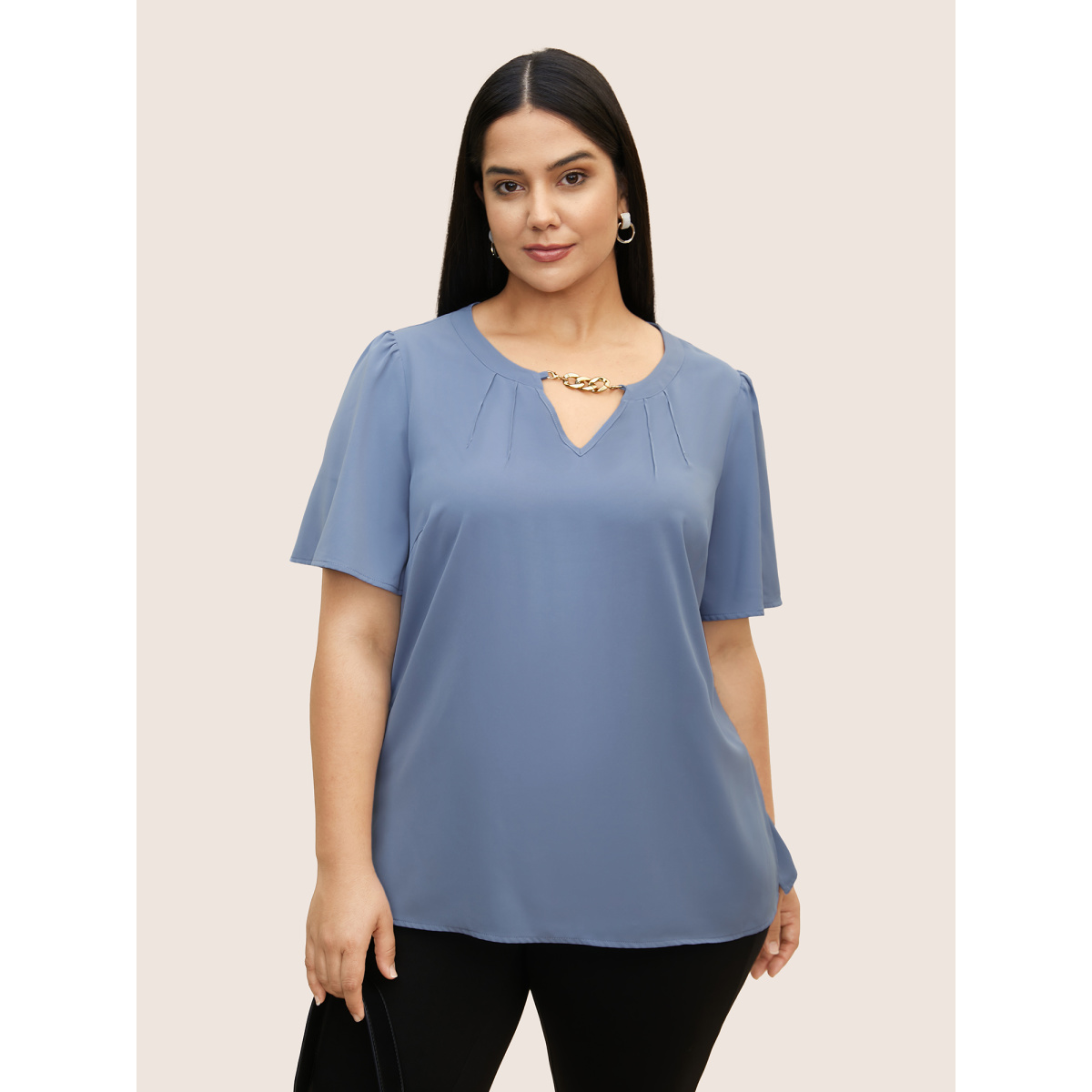 

Plus Size Stone Keyhole Metal Chain Detail Ruffle Sleeve Blouse Women Work From Home Short sleeve Round Neck Work Blouses BloomChic