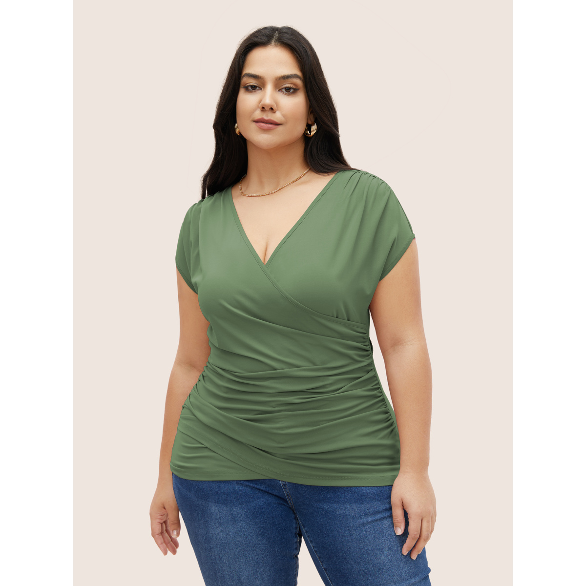 

Plus Size Plain Ruched Overlap Collar Dolman Sleeve Knit Top Sage Women Elegant Overlapping Deep V-neck Everyday T-shirts BloomChic