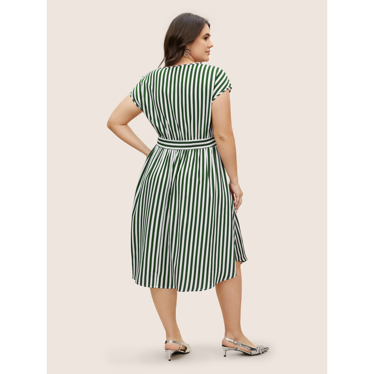 

Plus Size Striped Shirred Dolman Sleeve Dress Truegreen Women V-neck Cap Sleeve Curvy BloomChic