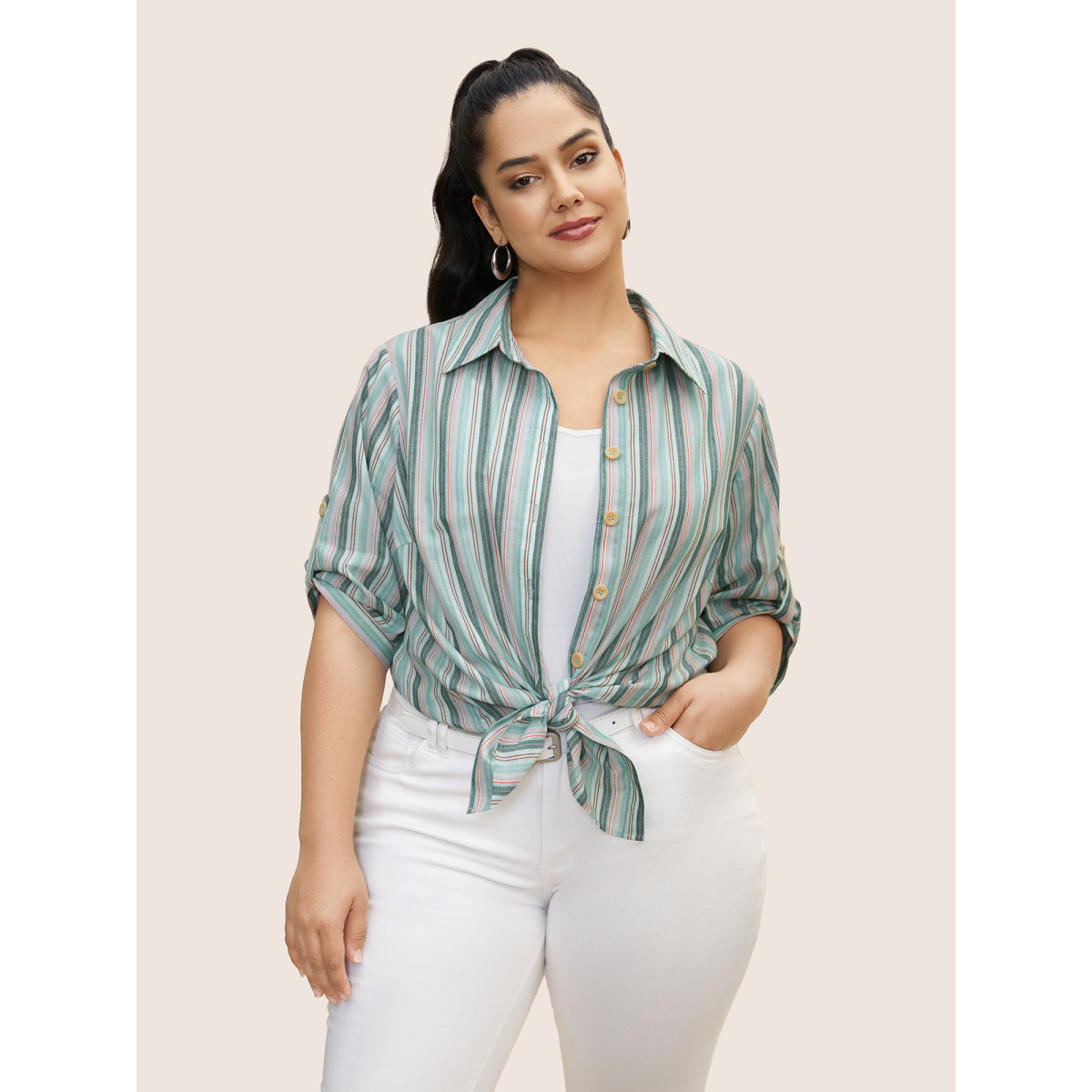 

Plus Size Multicolor Contrast Striped Button Cuff Sleeve Blouse Women Casual Elbow-length sleeve Shirt collar Everyday Blouses BloomChic