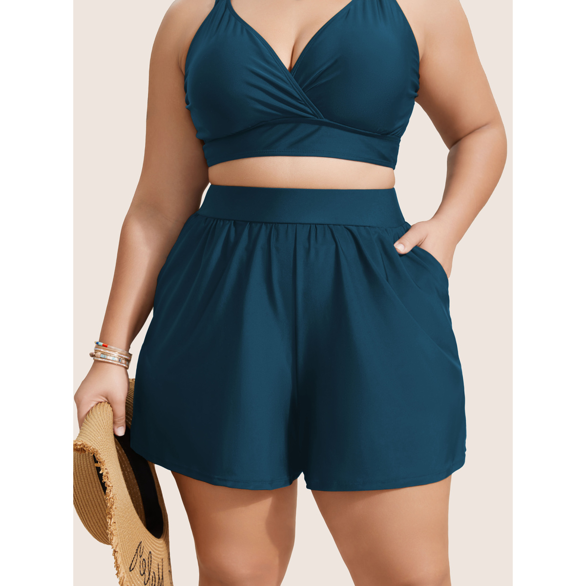 

Plus Size Solid Gathered High Rise Pocket Swim Bottom Women's Swimwear Cyan Beach Gathered High stretch Bodycon High Rise Slanted pocket Curve Swim Bottoms BloomChic