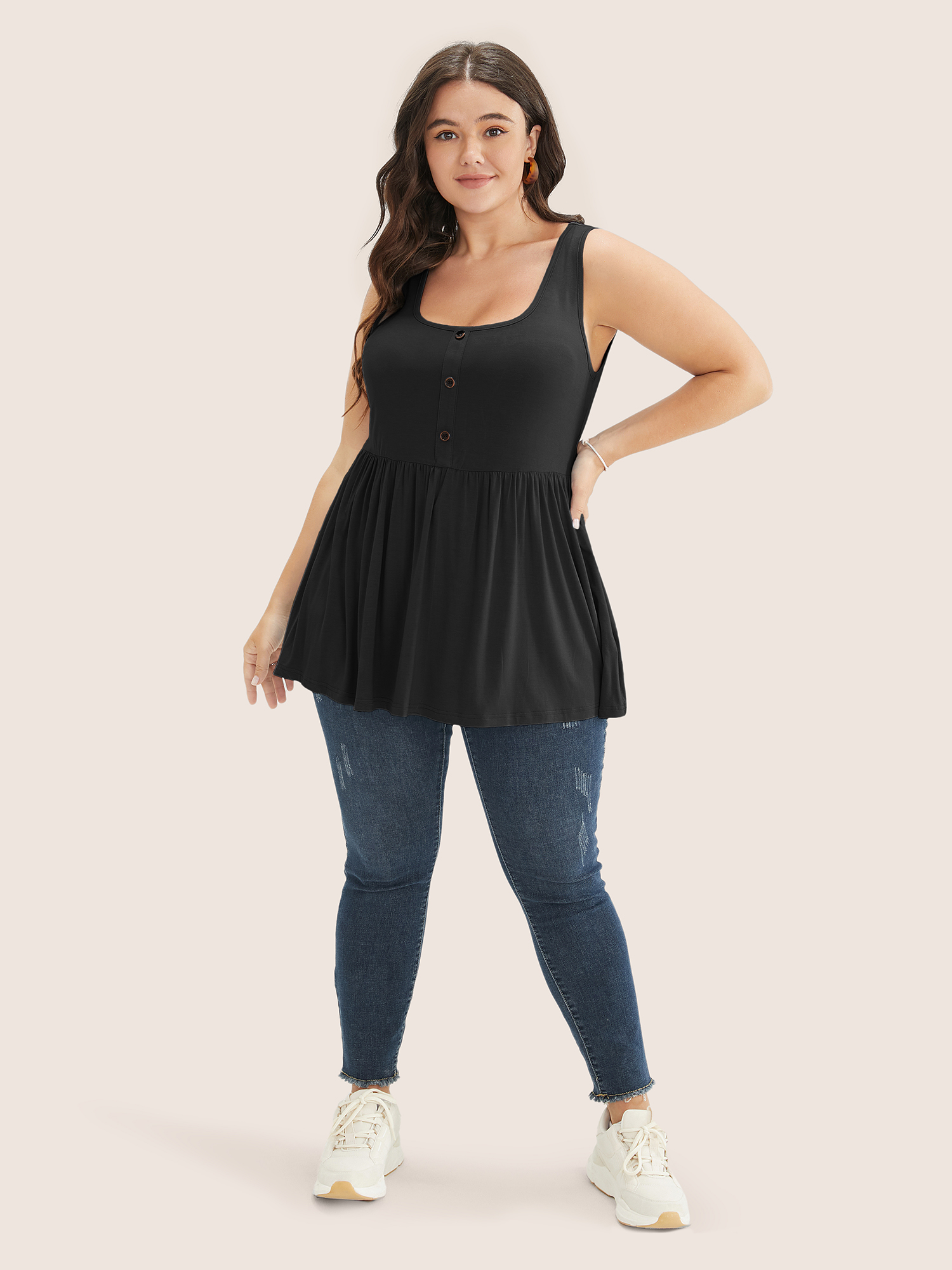 

Plus Size Solid Square Neck Button Detail Ruffle Hem Tank Top Women Black Casual Button Square Neck Everyday Tank Tops Camis BloomChic