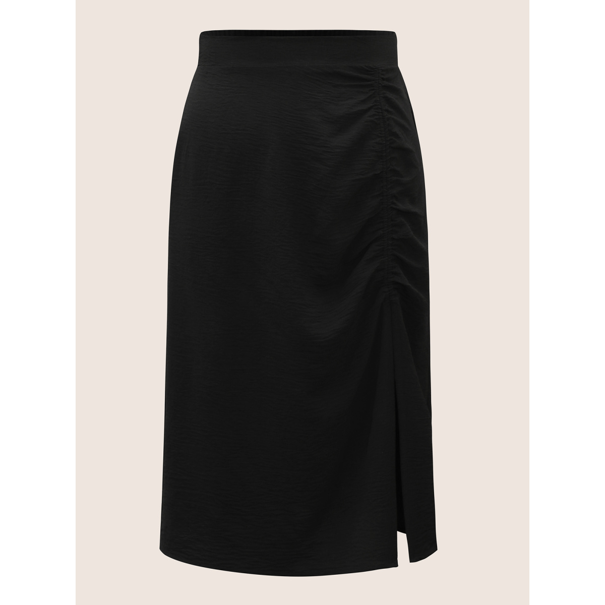 

Plus Size Plain Textured Slit Hem Gathered Skirt Women Black Elegant Gathered No stretch Side seam pocket Everyday Skirts BloomChic