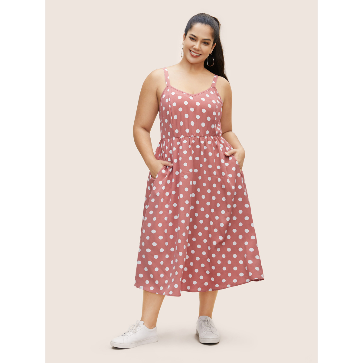 

Plus Size Polka Dot Elastic Waist Cami Midi Dress Beanpastepowder Women Non Heart neckline Sleeveless Curvy BloomChic