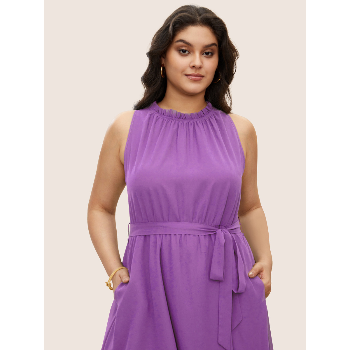 

Plus Size Plain Sleeveless Frill Trim Pocket Belted Mock Neck Dress Lilac Women Pocket Mock Neck Sleeveless Curvy Midi Dress BloomChic