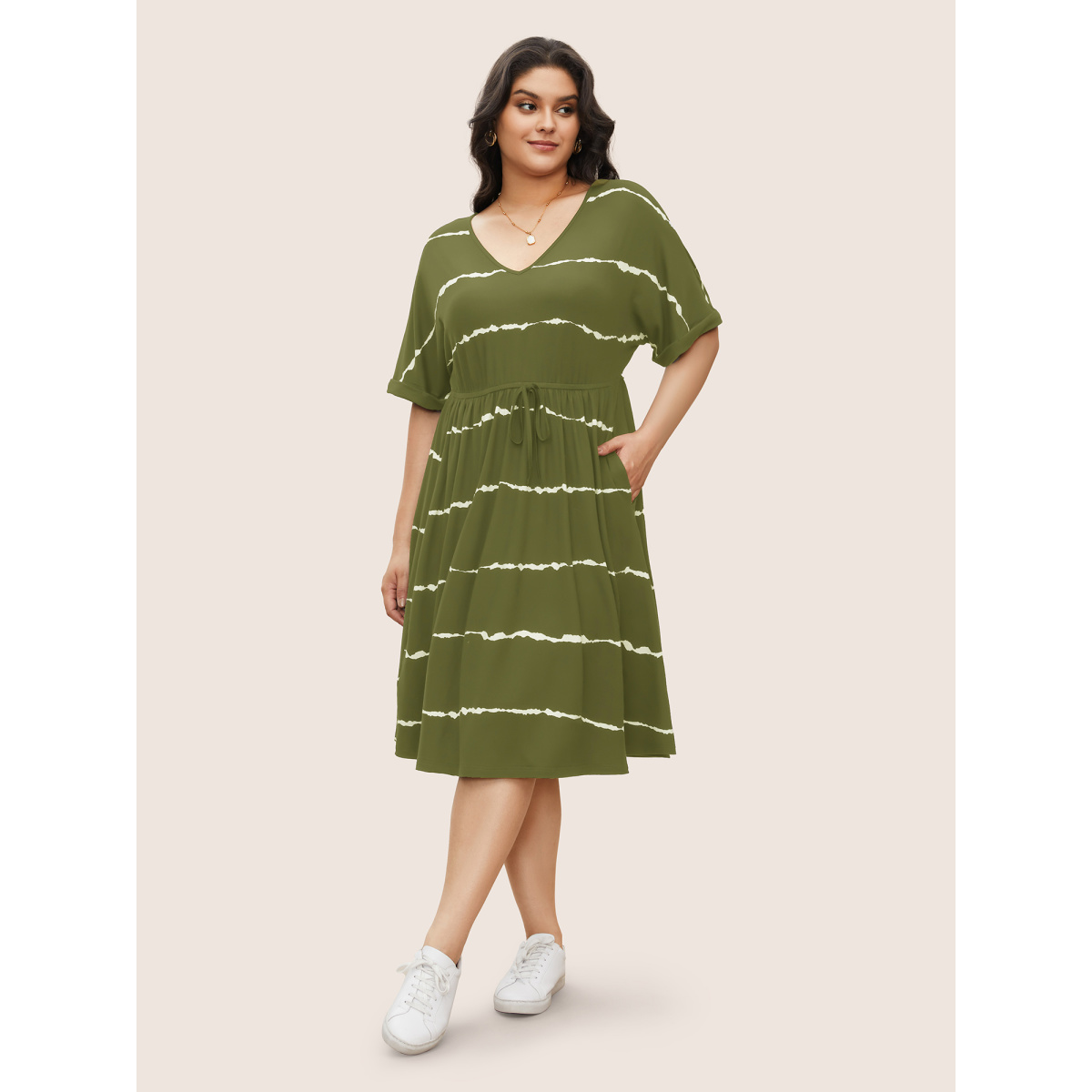 

Plus Size Tie Dye Roll Dolman Sleeve Pocket Gathered Knot Striped Dress Moss Women Non V-neck Short sleeve Curvy Midi Dress BloomChic