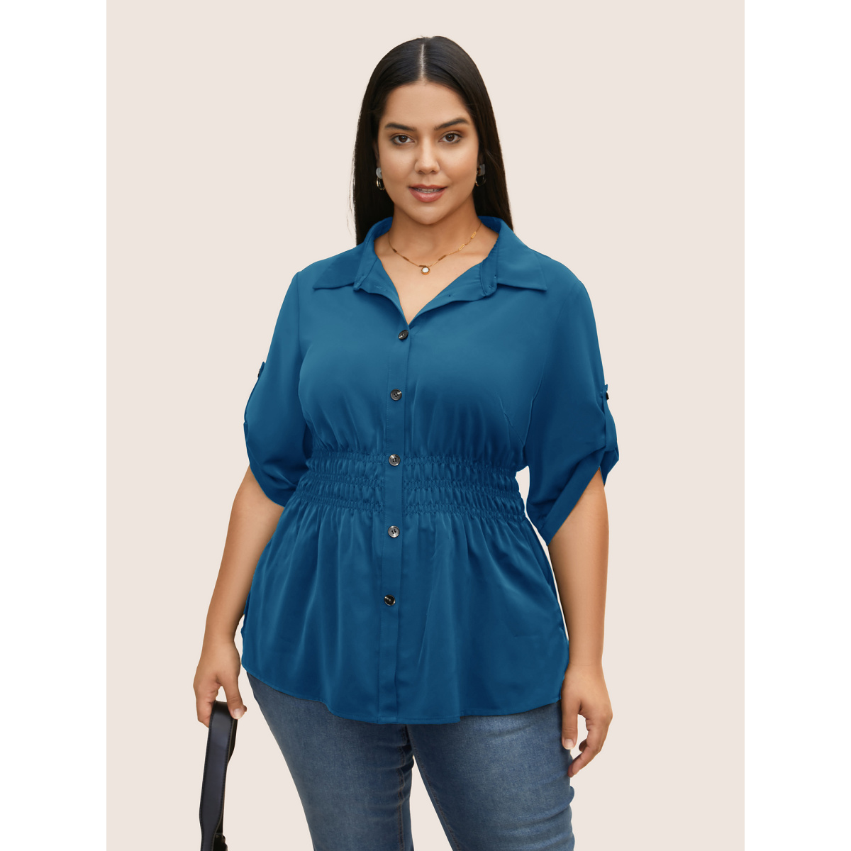 

Plus Size Cerulean Anti-Wrinkle Shirt Collar Button Cuff Sleeve Blouse Women Work From Home Half Sleeve Shirt collar Work Blouses BloomChic