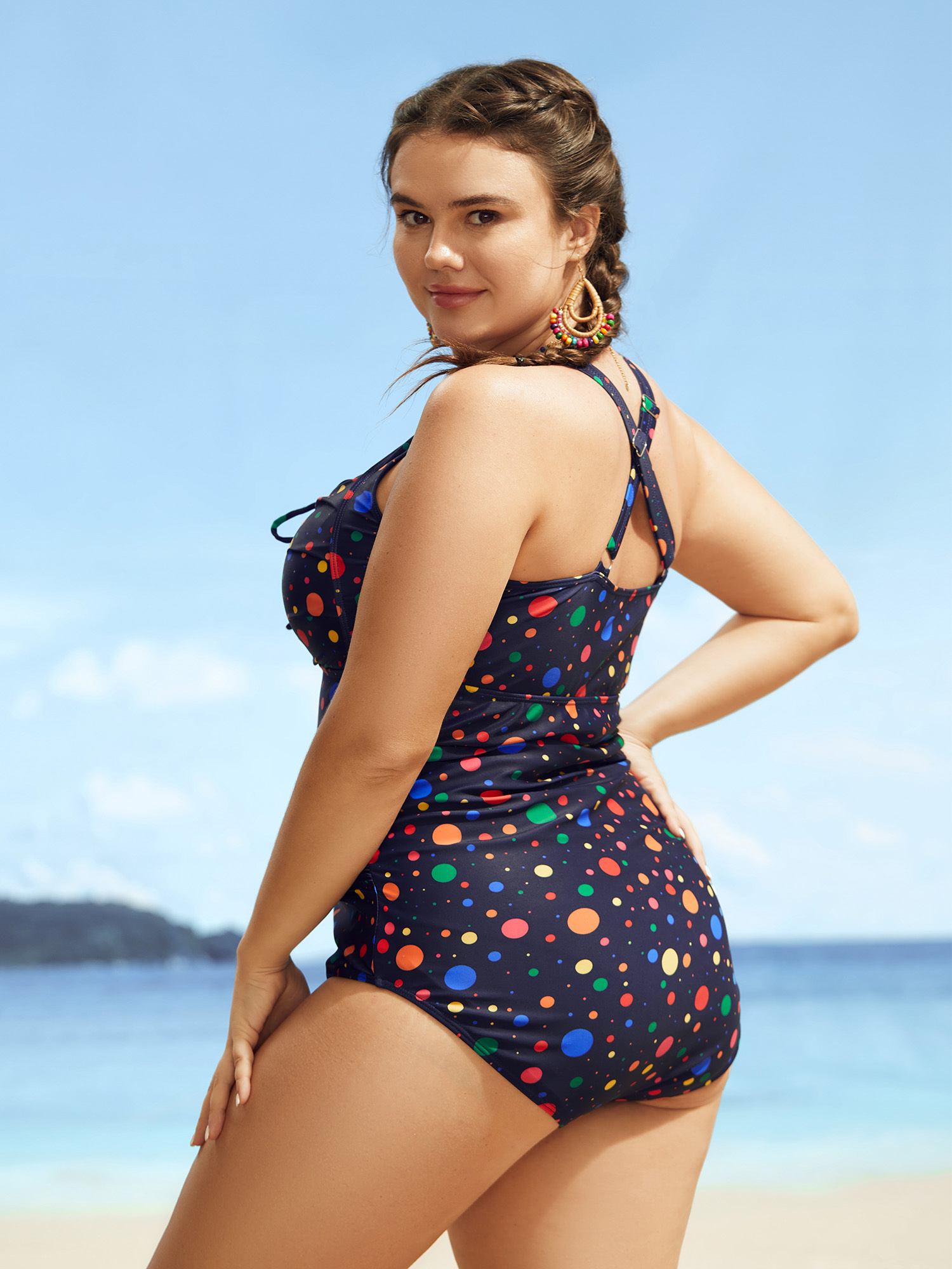 

Plus Size Colored Polka Dot Ties Ruched One Piece Swimsuit Women's Swimwear Indigo Beach Tie knot Curve Bathing Suits High stretch One Pieces BloomChic