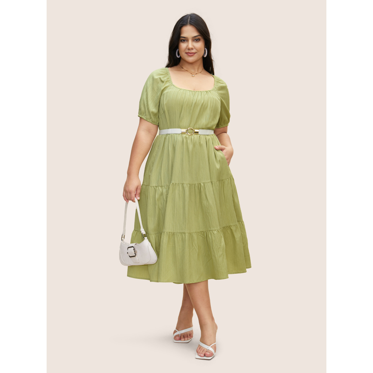 

Plus Size Texture Gathered Ruffle Layered Hem Midi Dress Applegreen Women Texture Square Neck Short sleeve Curvy BloomChic