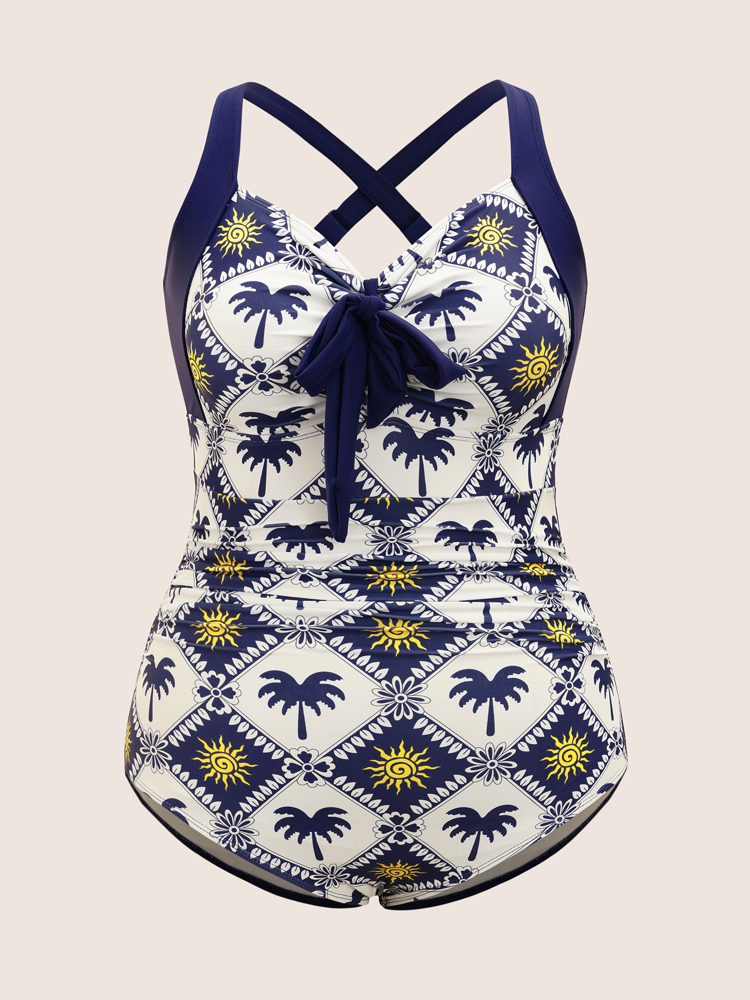

Plus Size Tropical Print Patchwork Gathered Knotted One Piece Swimsuit Women's Swimwear Indigo Beach Gathered Curve Bathing Suits High stretch One Pieces BloomChic