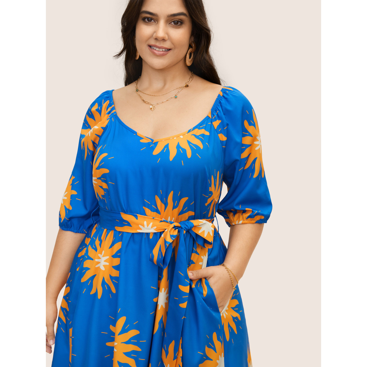 

Plus Size Sun Print Lantern Sleeve Maxi Dress Cerulean Women Belted Heart neckline Half Sleeve Curvy BloomChic