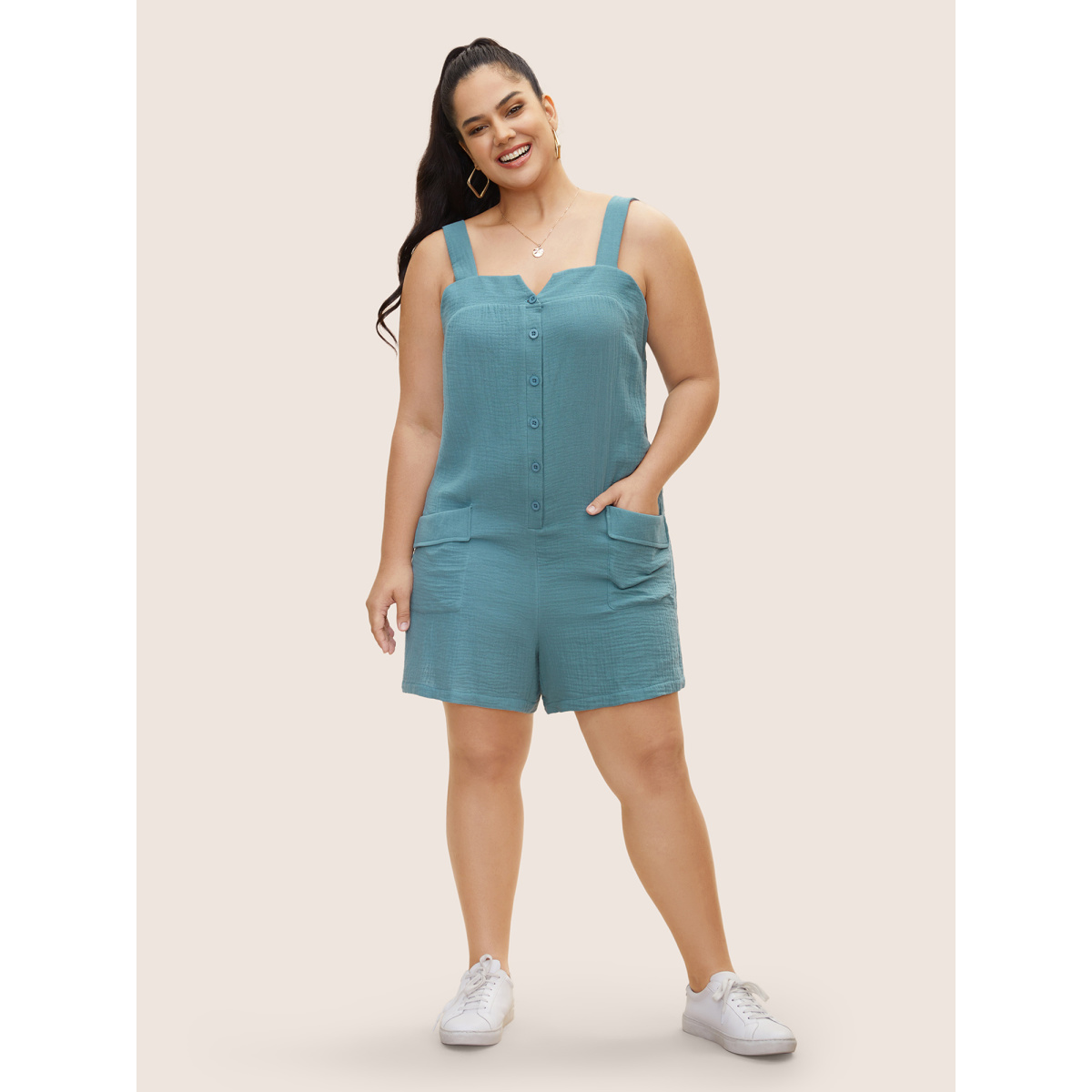 

Plus Size Cerulean Notched Collar Textured Patch Pocket Jumpsuit Women Casual Sleeveless Notched collar Everyday Loose Jumpsuits BloomChic