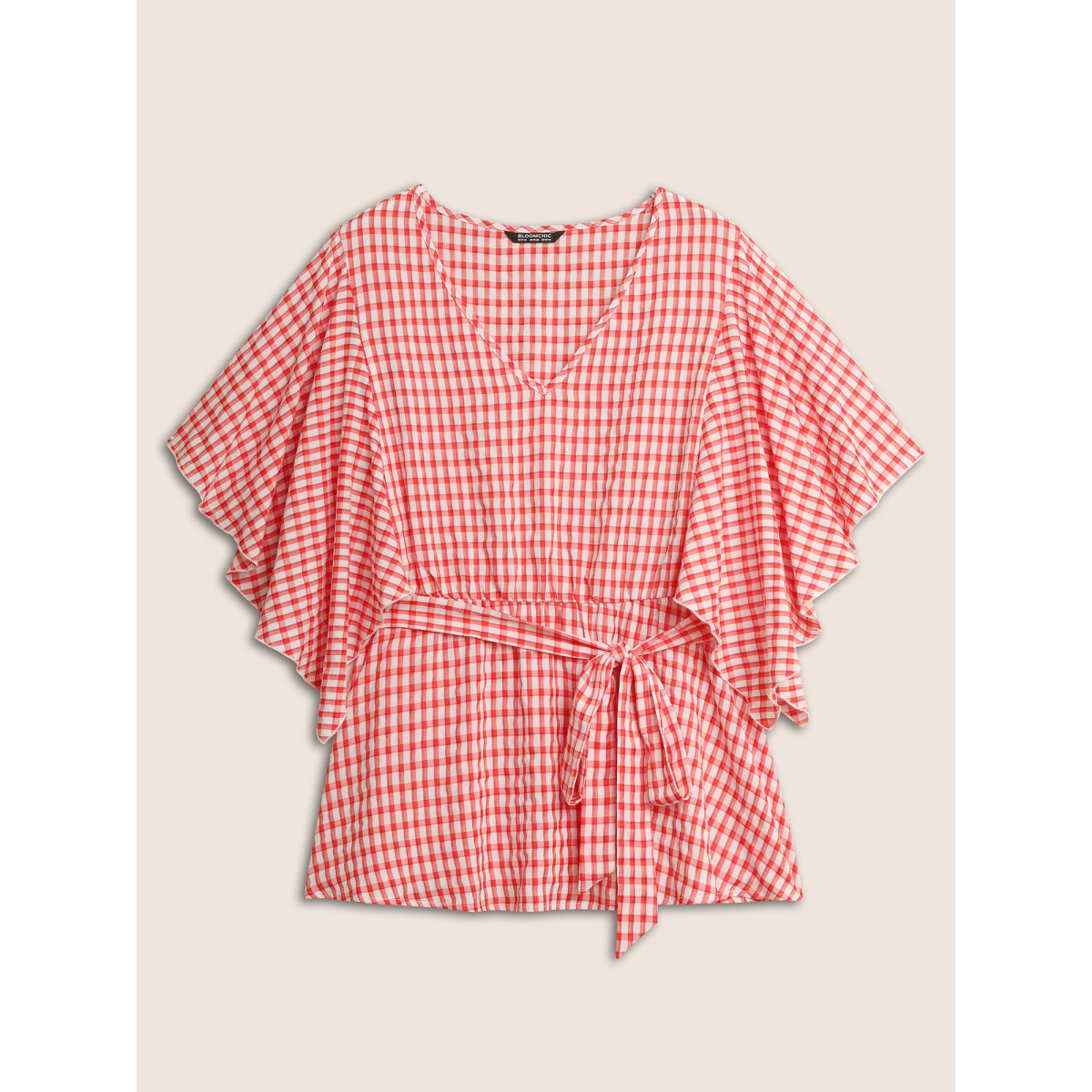 

Plus Size Crimson V Neck Gingham Tie Knot Ruffles Blouse Women Casual Elbow-length sleeve V-neck Everyday Blouses BloomChic