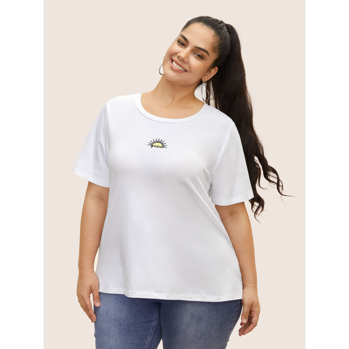 

Plus Size Cotton Sun Embroidered Round Neck T-shirt Originalwhite Women Casual Contrast Art&design Round Neck Everyday T-shirts BloomChic