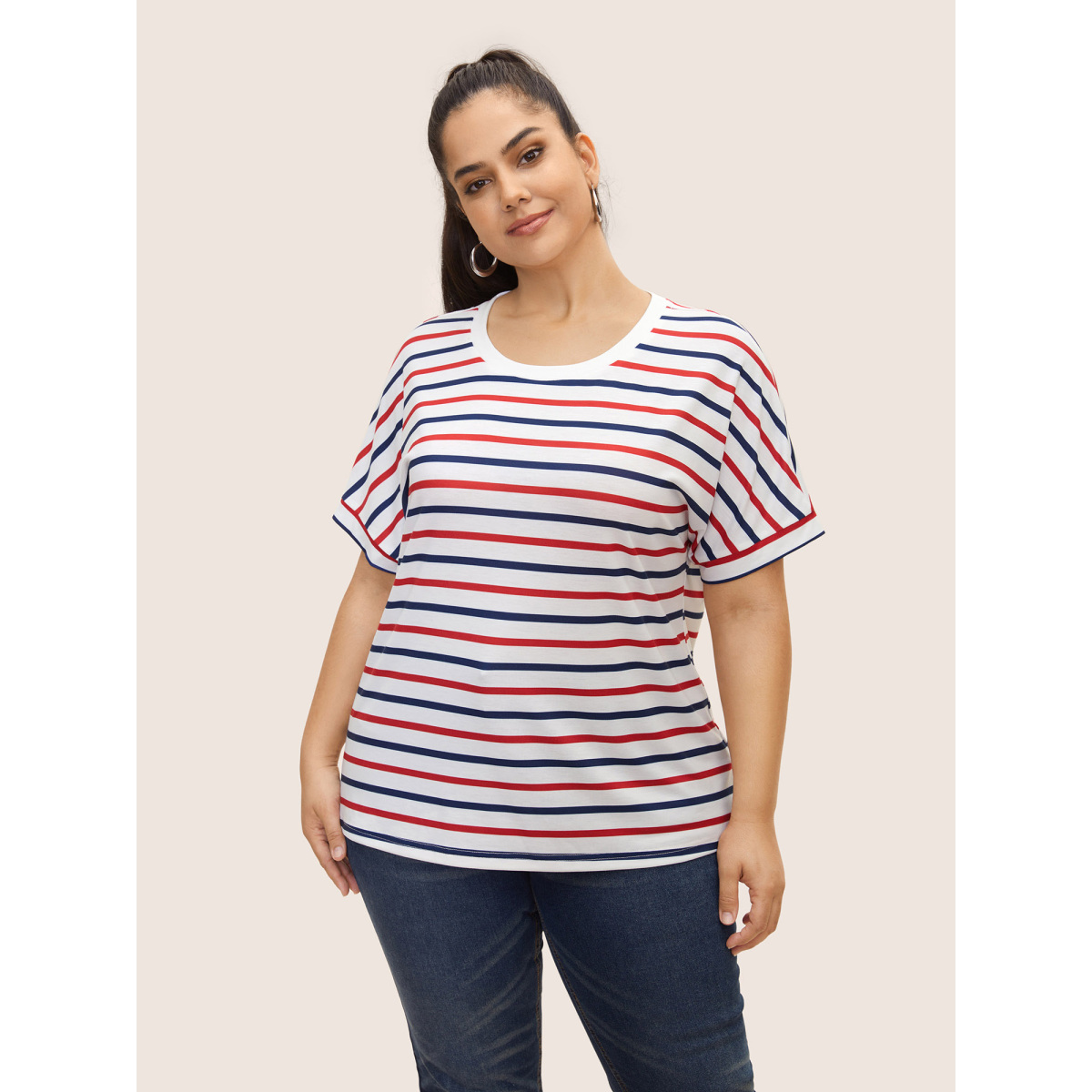 

Plus Size Crew Neck Contrast Striped Batwing Sleeve T-shirt Multicolor Women Casual Contrast Round Neck Everyday T-shirts BloomChic