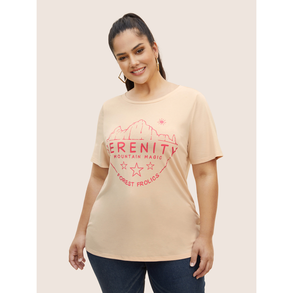 

Plus Size Crew Neck Letter Print Contrast T-shirt Apricot Women Casual Contrast Art&design Round Neck Everyday T-shirts BloomChic
