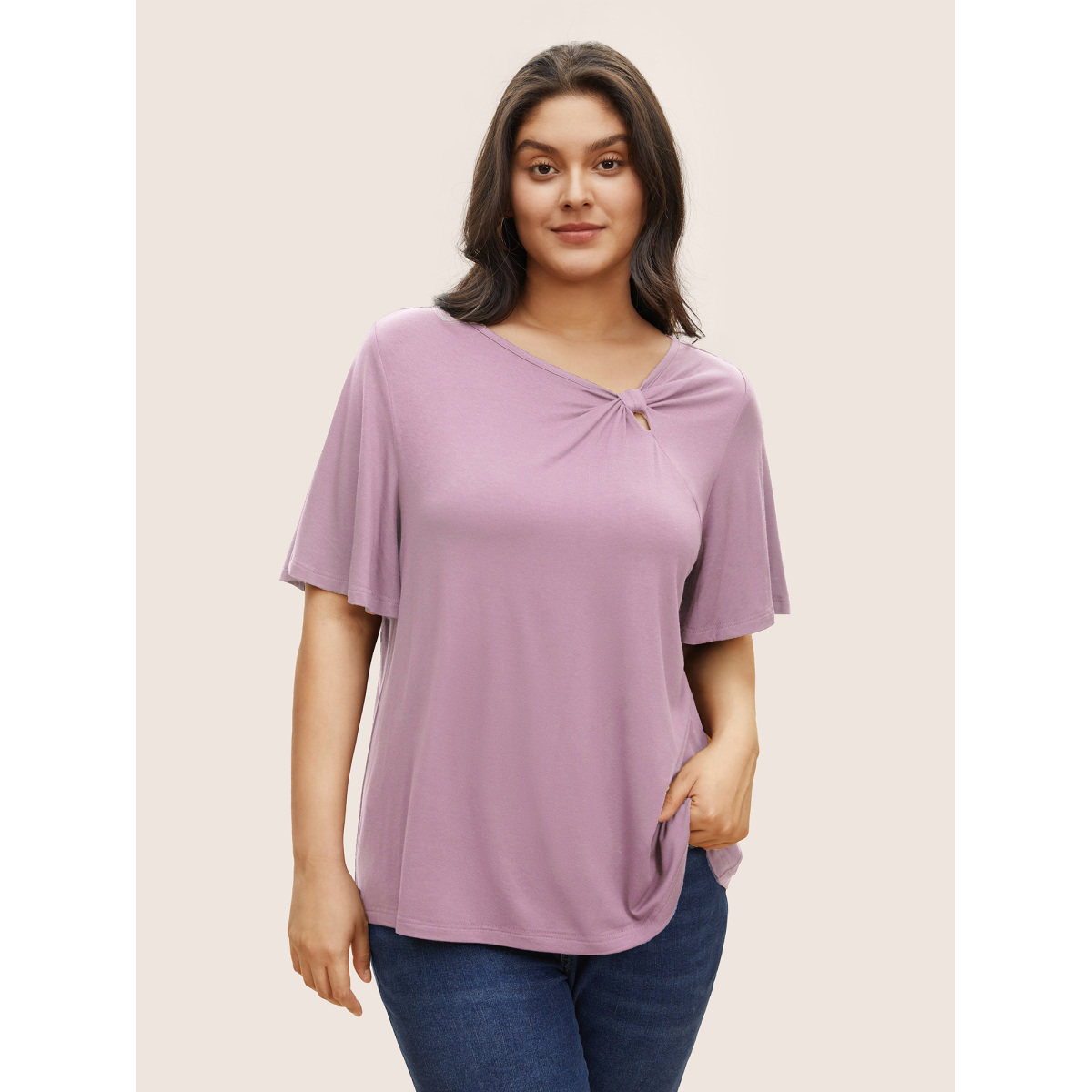 

Plus Size Supersoft Essentials Twist Front Asymmetrical Neck T-shirt Lilac Women Elegant Non Plain Asymmetrical Neck Everyday T-shirts BloomChic