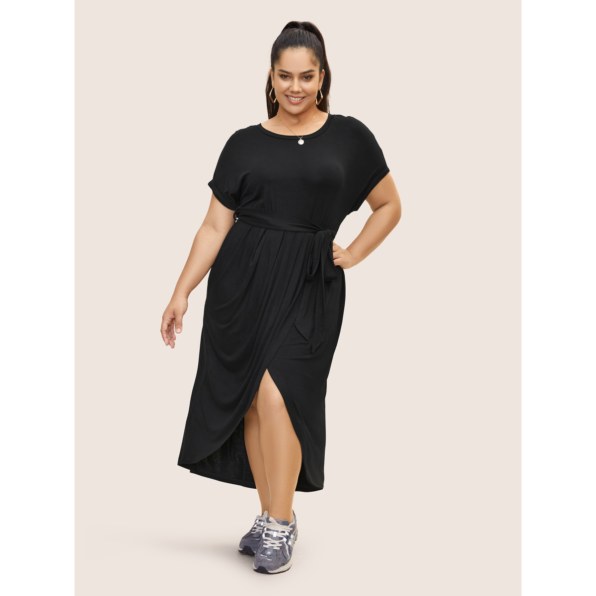 

Plus Size Solid Batwing Sleeve Wrap Hem Maxi Dress Black Women Belted Round Neck Short sleeve Curvy BloomChic