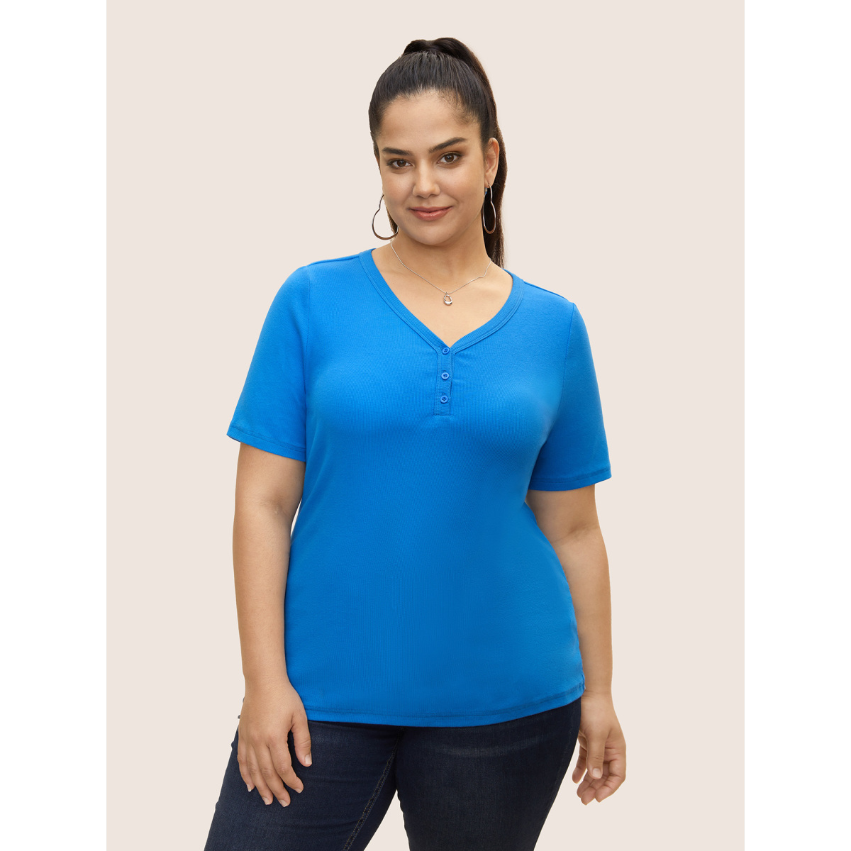 

Plus Size Cotton V Neck Button Up Pit Strip T-shirt Skyblue Women Casual Button V-neck Everyday T-shirts BloomChic