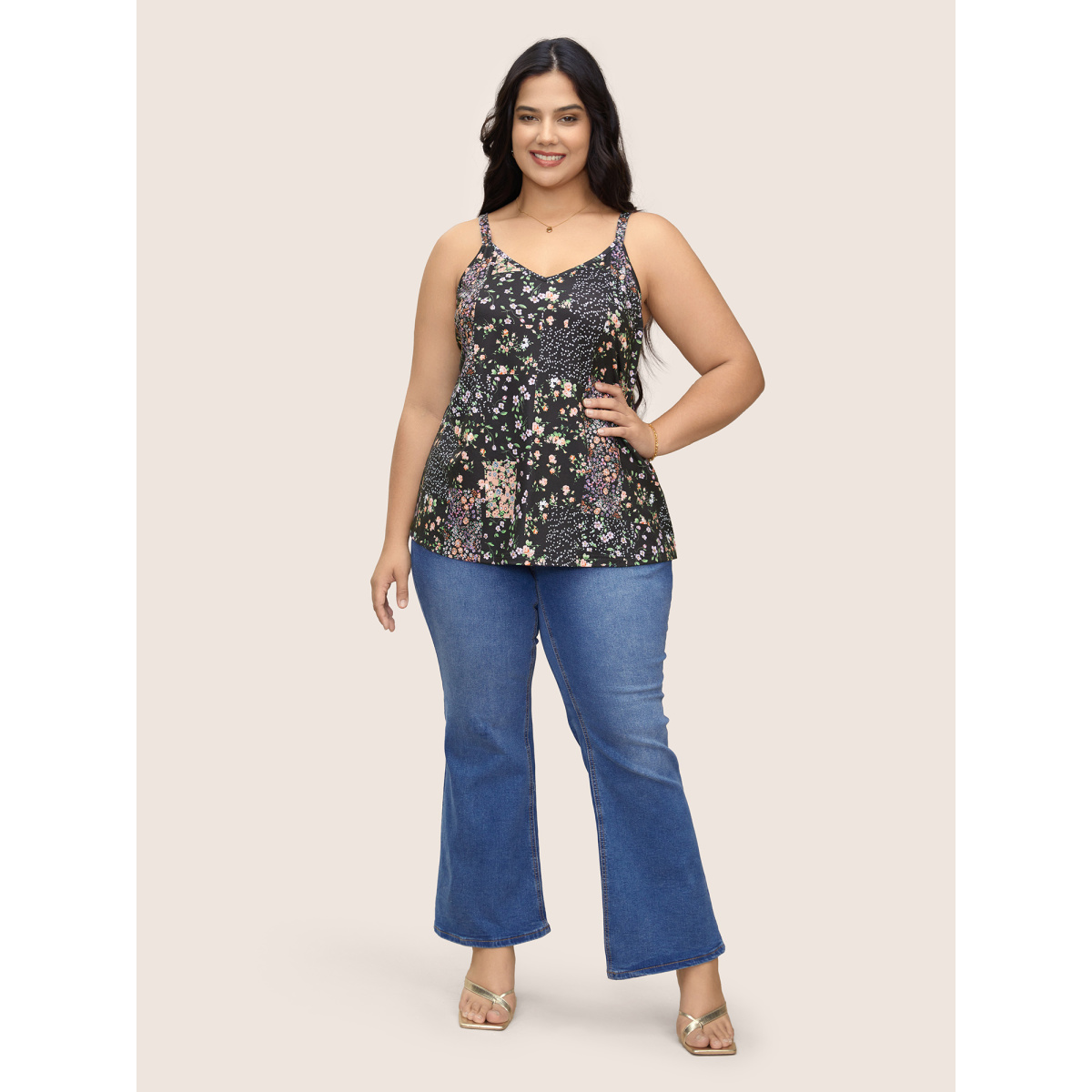 

Plus Size V Neck Ditsy Floral Patchwork Cami Top Women Black Elegant Contrast V-neck Everyday Tank Tops Camis BloomChic