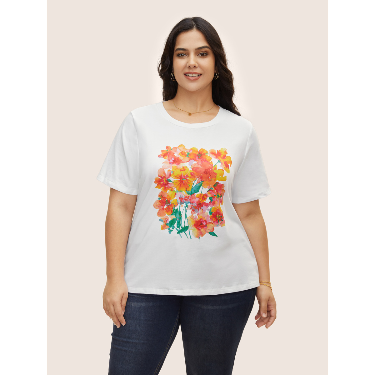 

Plus Size Cotton Crew Neck Flower Print T-shirt Originalwhite Women Elegant Contrast Natural Flowers Round Neck Everyday T-shirts BloomChic