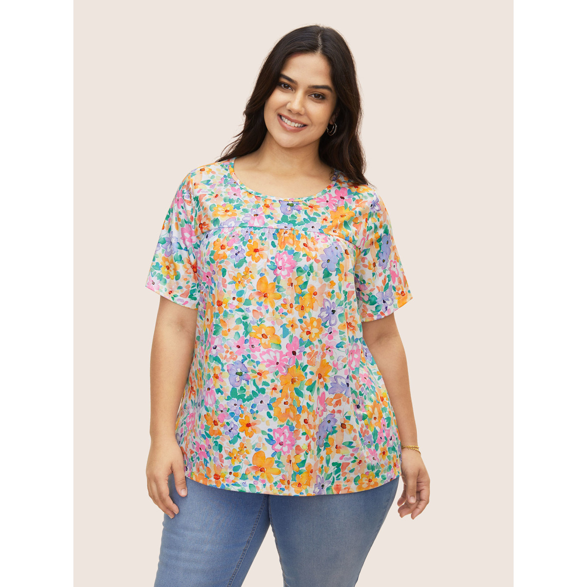

Plus Size Crew Neck Colored Floral Gathered T-shirt Multicolor Women Elegant Contrast Natural Flowers Round Neck Everyday T-shirts BloomChic