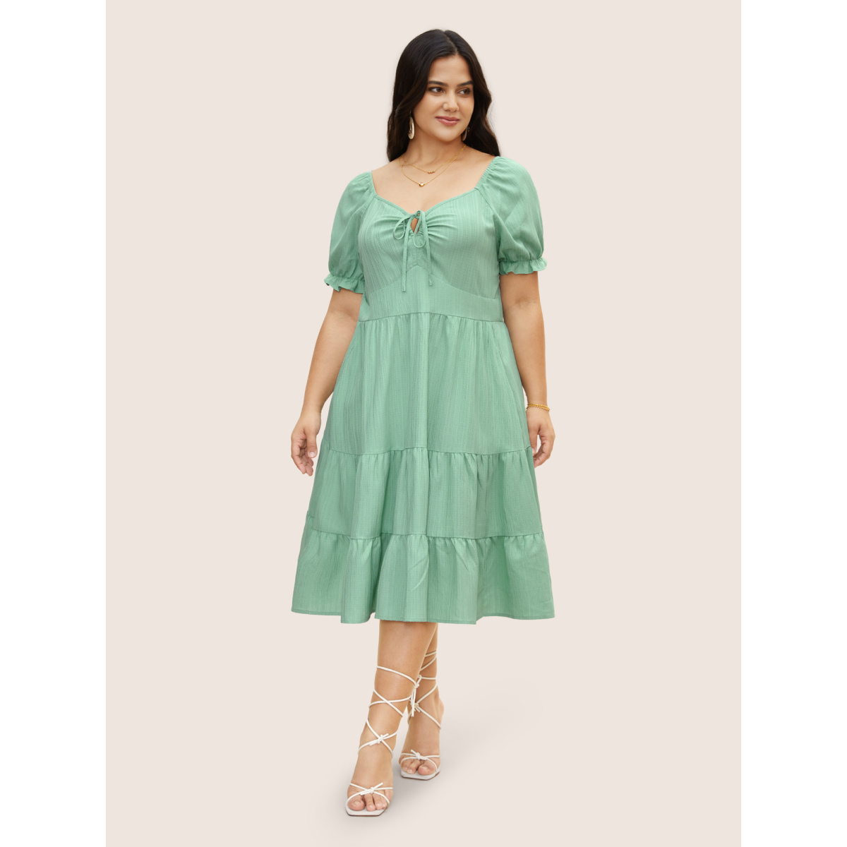 

Plus Size Heart Neckline Drawstring Ruffle Layered Hem Dress Mint Women Frill Trim Heart neckline Short sleeve Curvy BloomChic