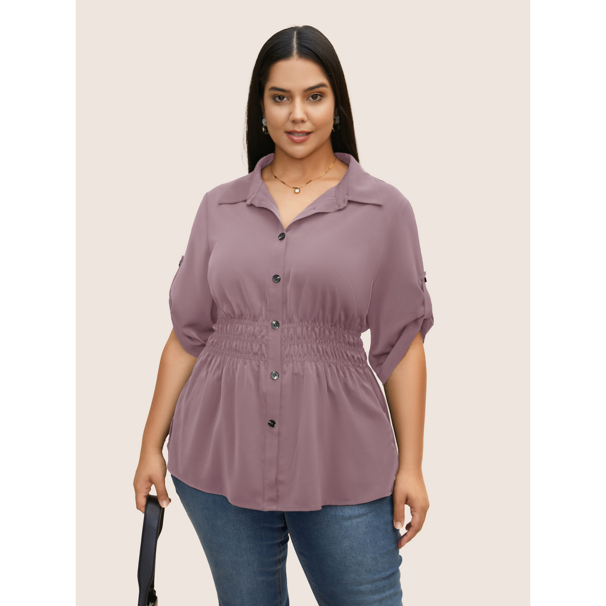 

Plus Size Mauve Anti-Wrinkle Shirt Collar Button Cuff Sleeve Blouse Women Work From Home Half Sleeve Shirt collar Work Blouses BloomChic