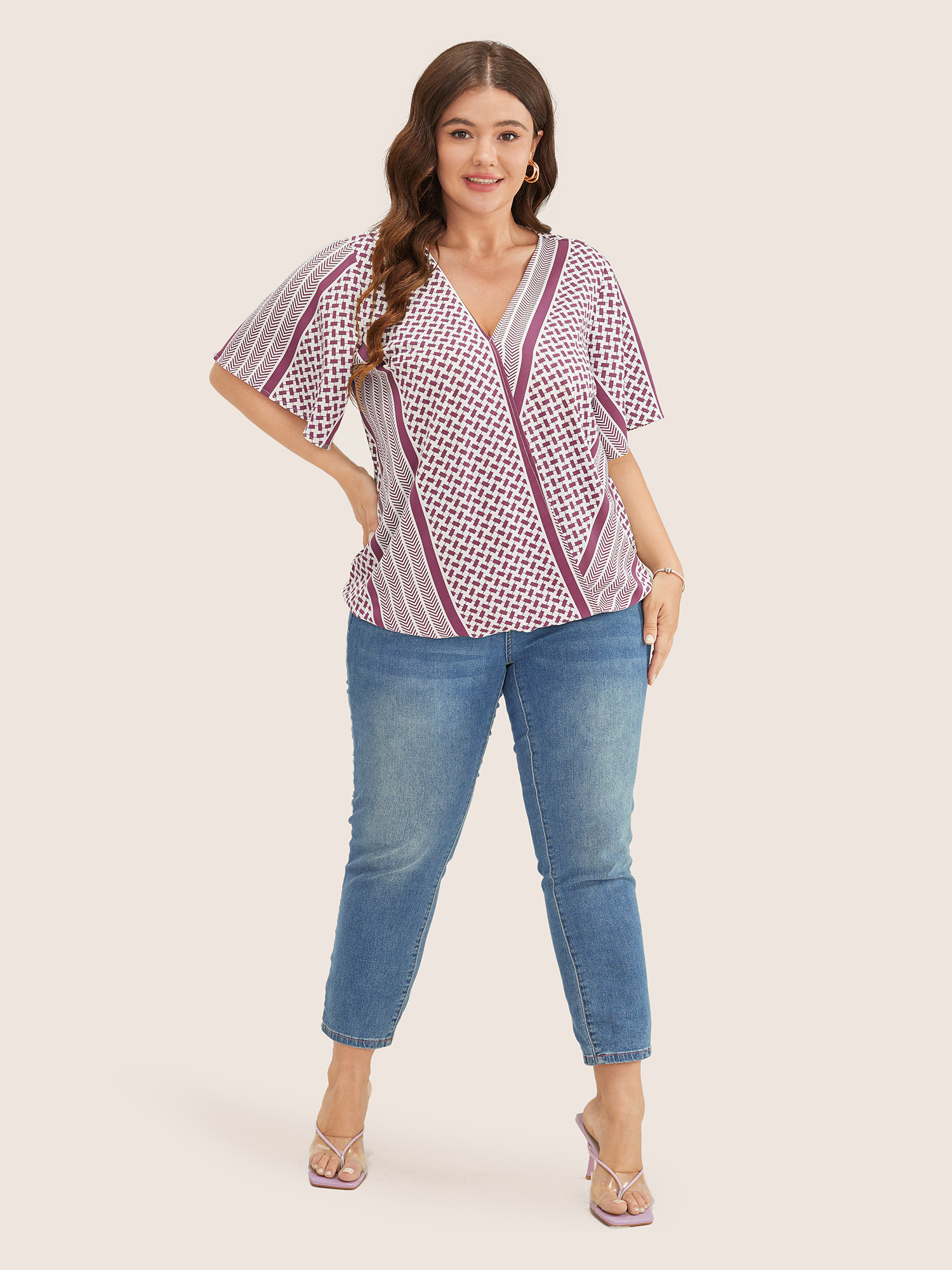 

Plus Size RedViolet Geometric Contrast Ruffle Sleeve Wrap Blouse Women Resort Short sleeve Overlap Collar Vacation Blouses BloomChic