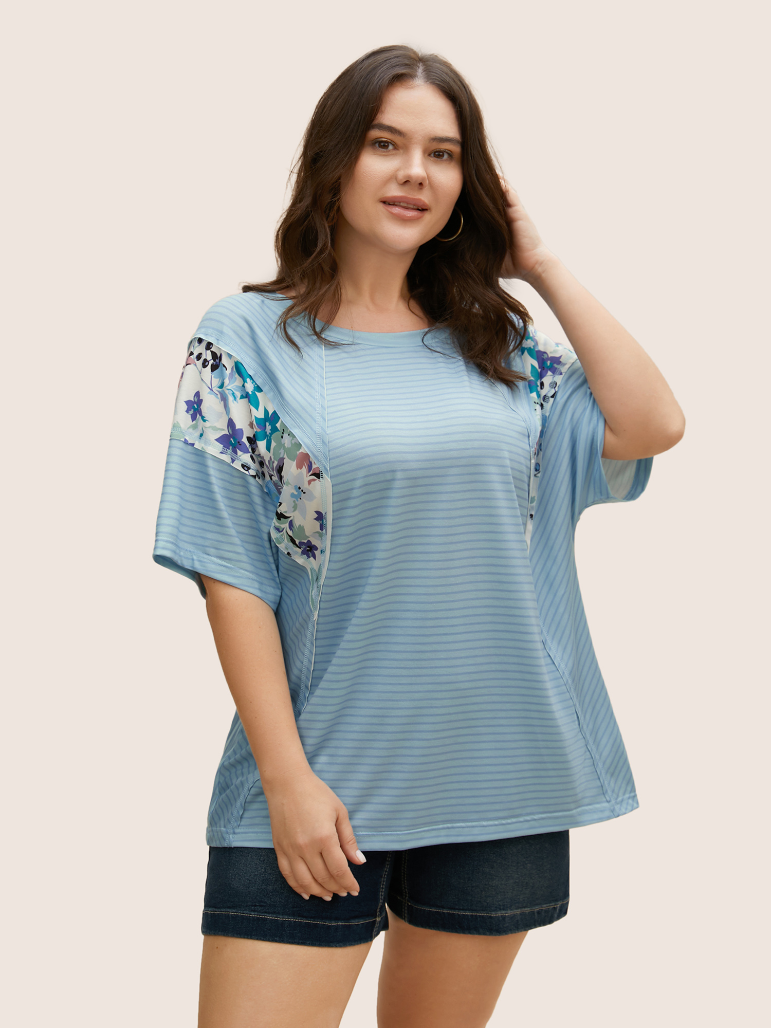 

Plus Size Crew Neck Striped Patchwork Floral Print T-shirt Multicolor Women Casual Contrast Natural Flowers Round Neck Everyday T-shirts BloomChic
