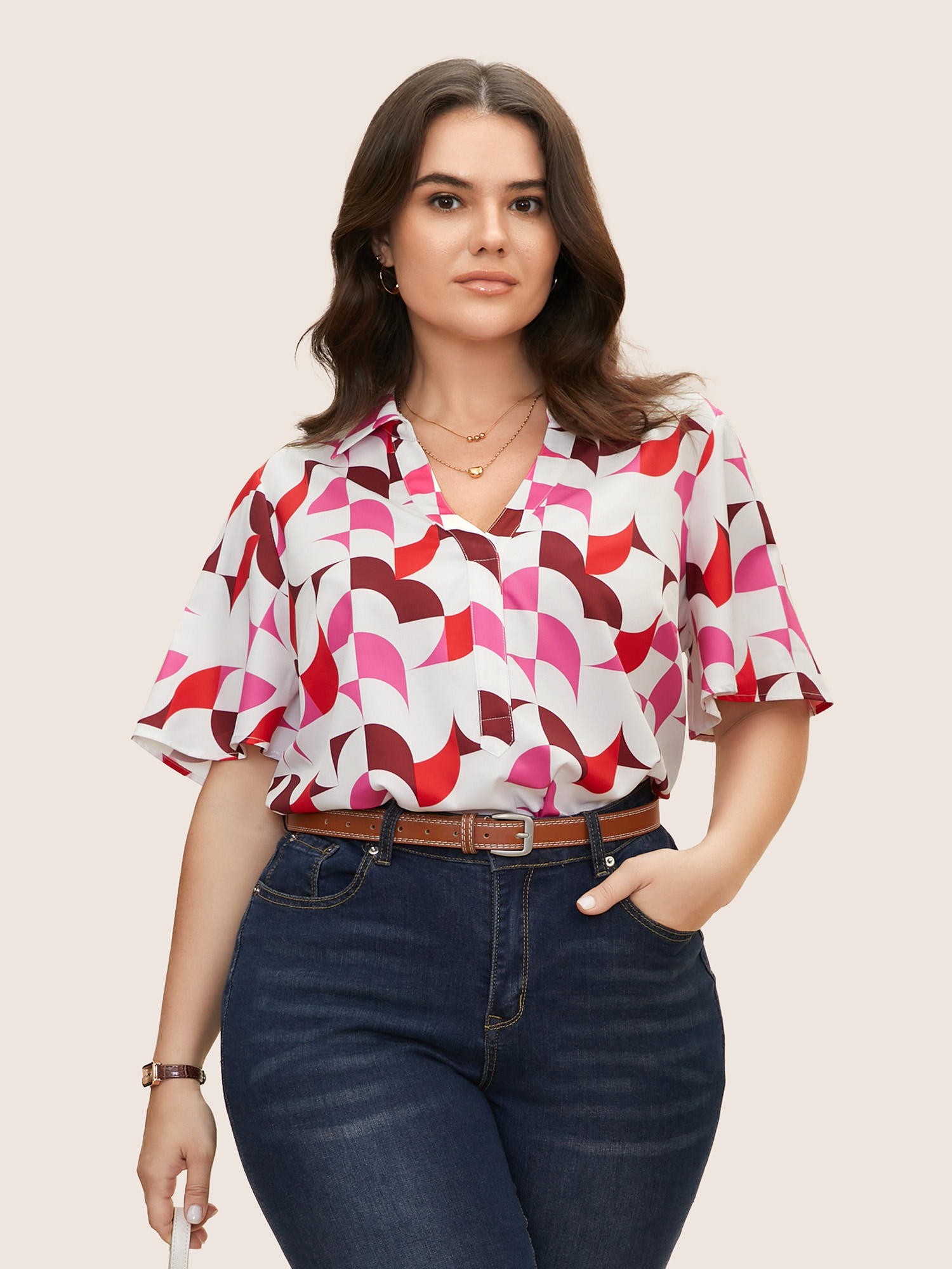

Plus Size Multicolor Contrast Geometric Shirt Collar Flutter Sleeve Blouse Women At the Office Short sleeve Shirt collar Work Blouses BloomChic