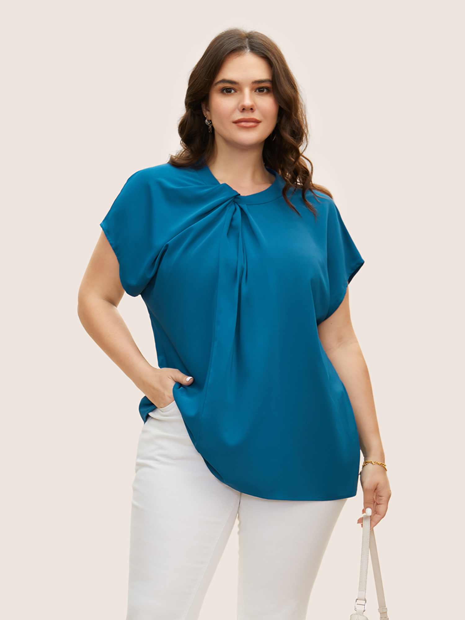 

Plus Size Mediumblue Twist Front Pleated Dolman Sleeve Blouse Women At the Office Short sleeve Mock Neck Work Blouses BloomChic