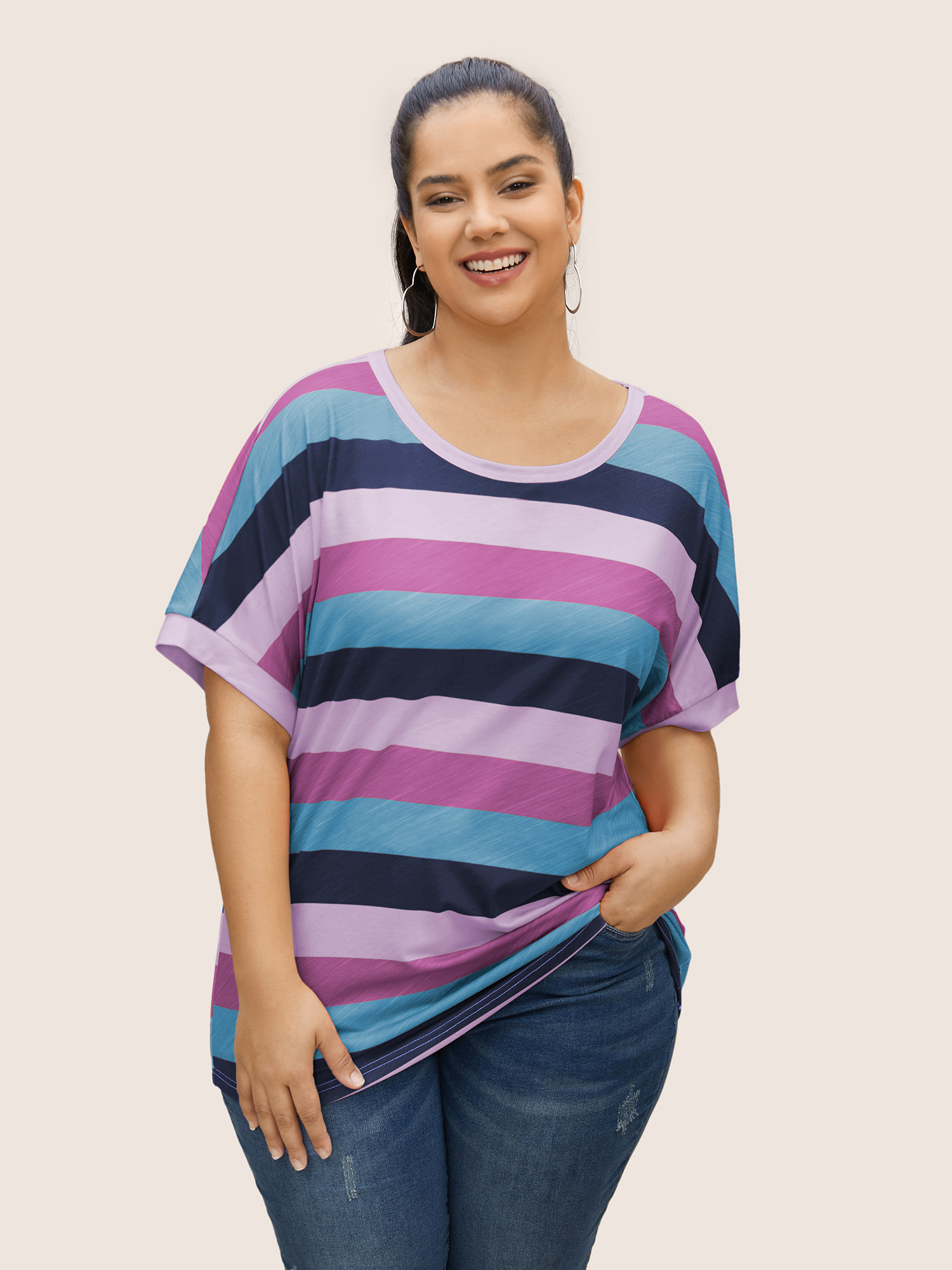 

Plus Size Colored Striped Crew Neck Batwing Sleeve T-shirt Lilac Women Casual Contrast Round Neck Everyday T-shirts BloomChic