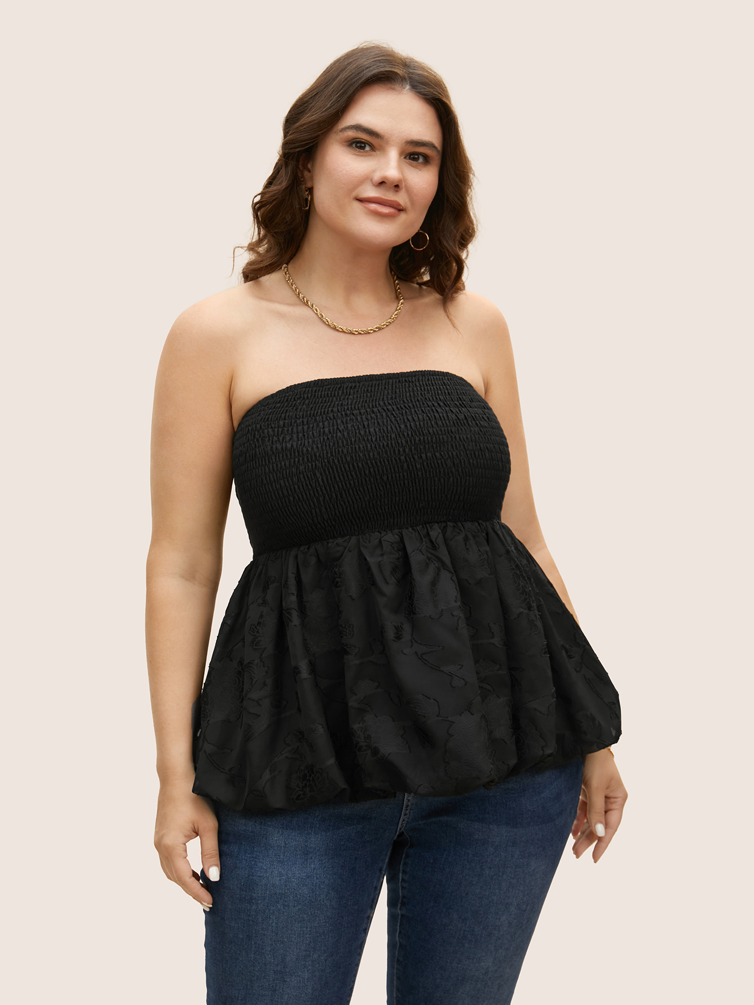 

Plus Size Strapless Shirred Patchwork Textured Tank Top Women Black Elegant Patchwork Strapless Everyday Tank Tops Camis BloomChic