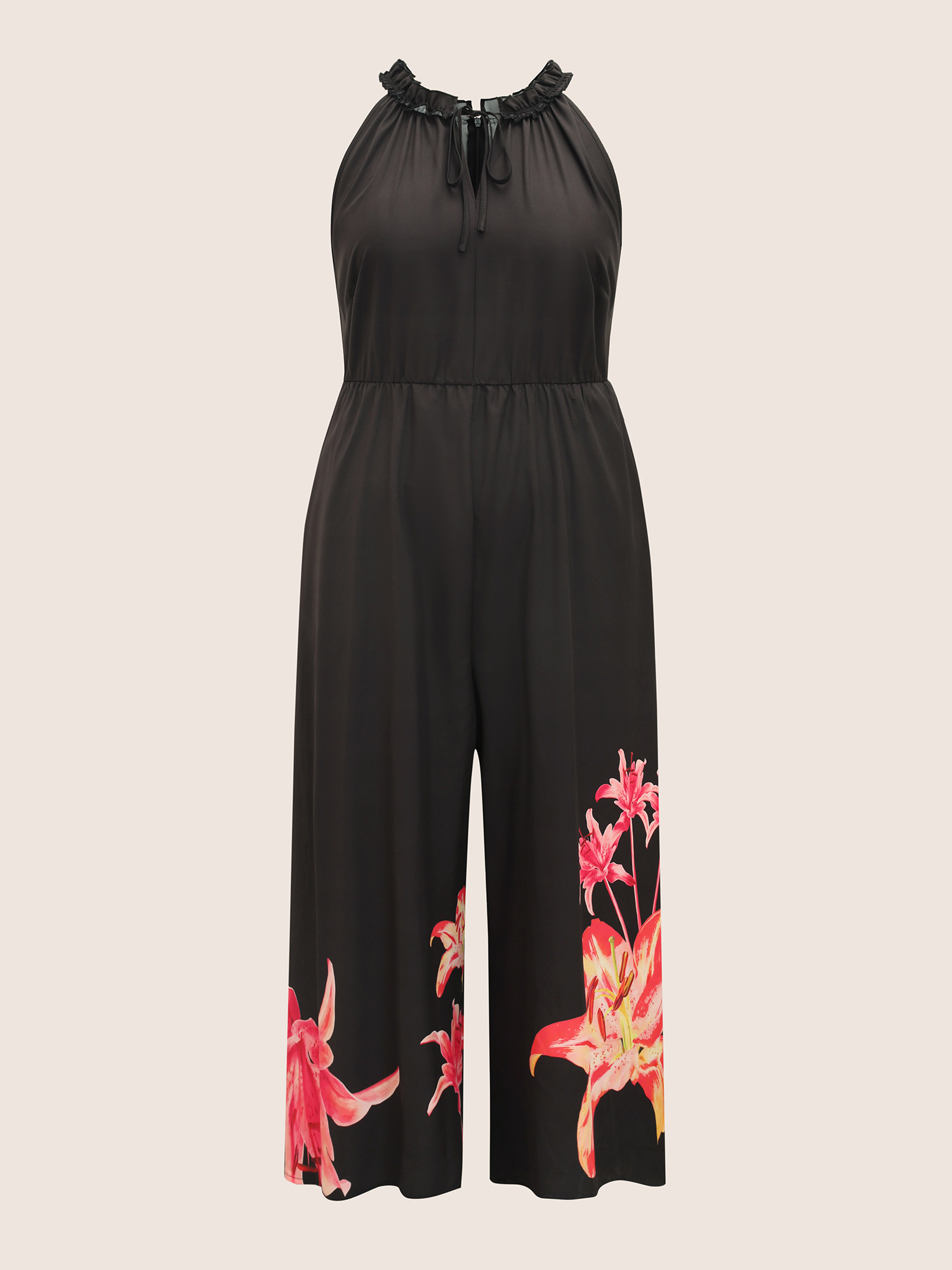 

Plus Size Black Lily Print Frill Trim Tie Knot Jumpsuit Women Elegant Sleeveless Round Neck Everyday Loose Jumpsuits BloomChic