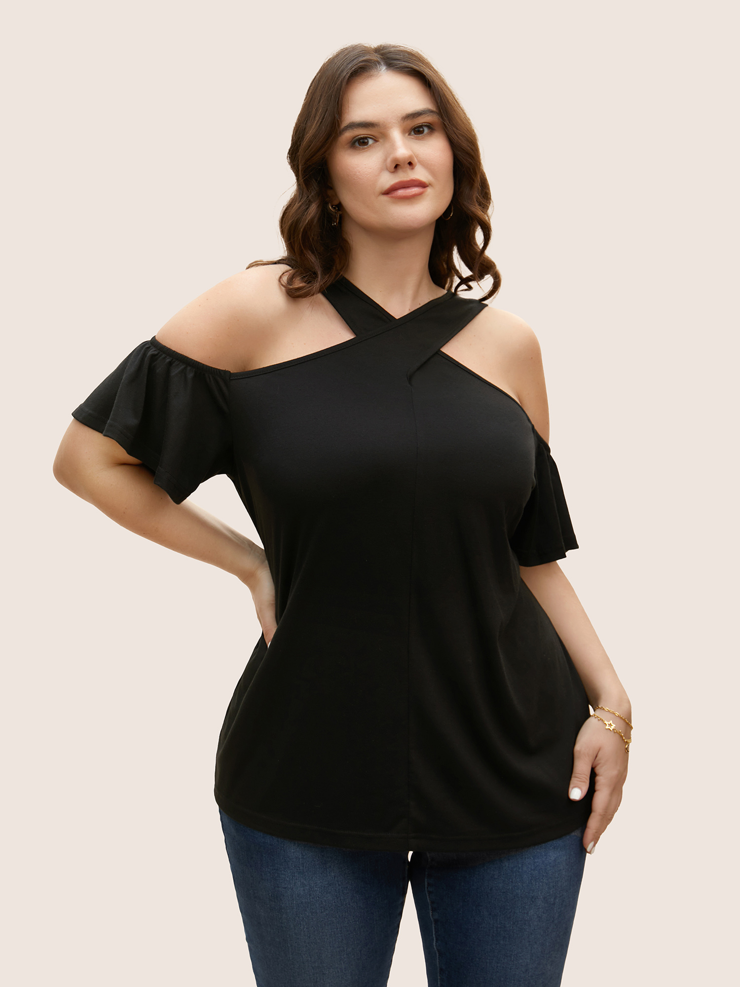 

Plus Size Solid Overlap Collar Ruffle Sleeve T-shirt Black Women Elegant Ruffles Overlap Collar Everyday T-shirts BloomChic